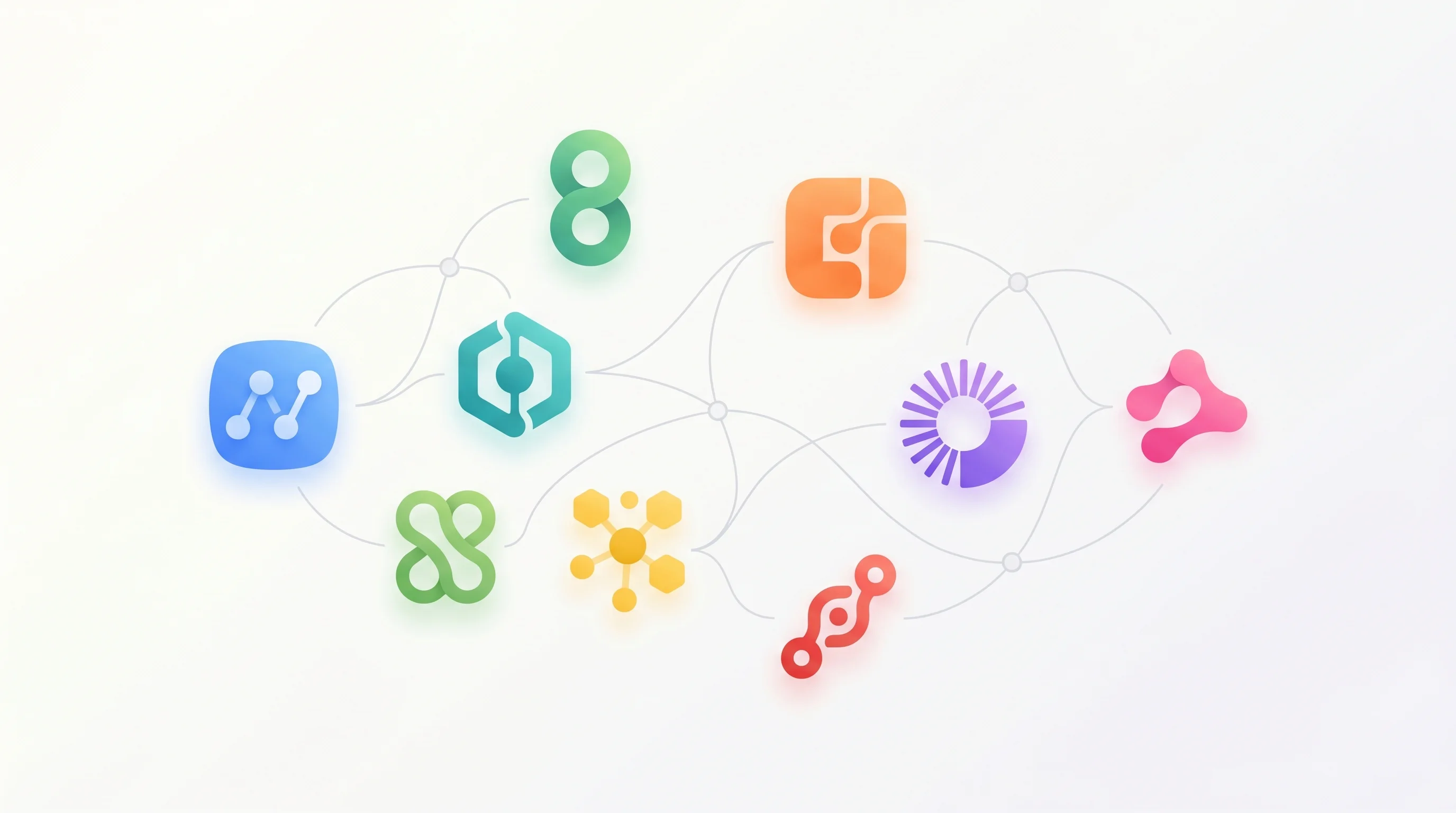 Digital illustration for article section "A Growing Adapter Collection" in "YC-Backed Clawvisor Launches Authorization Layer for AI Agents" - Generate an image of diverse app icons (non-branded, abstract shapes) interconnected with subtle lin...