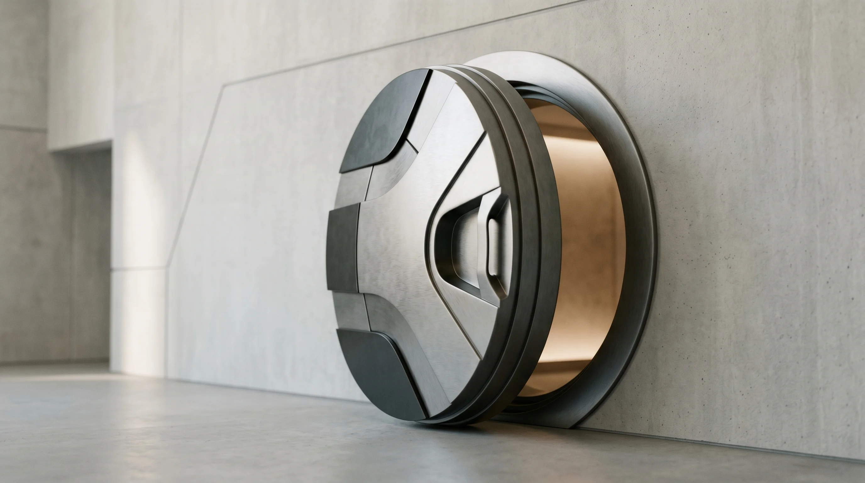 Digital illustration for article section "Security by Design, With Caveats" in "YC-Backed Clawvisor Launches Authorization Layer for AI Agents" - Generate an image of a modern, abstract vault door slightly open, symbolizing the secure storage of ...