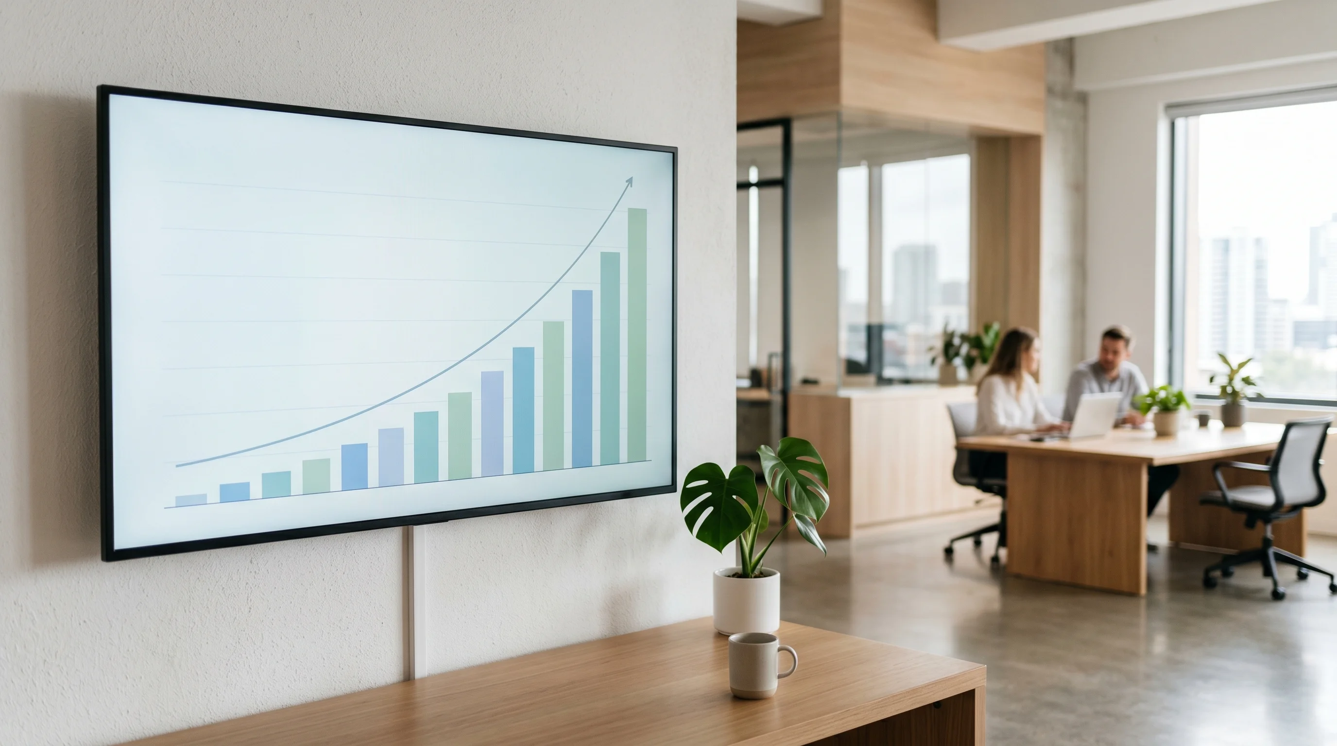 Digital illustration for article section "The Ábaco Proof Point" in "Zolvo Brings AI Loan Servicing to $4T Commercial Lending Market" - Generate an image of a rising bar graph, indicating exponential growth, against the backdrop of a cl...