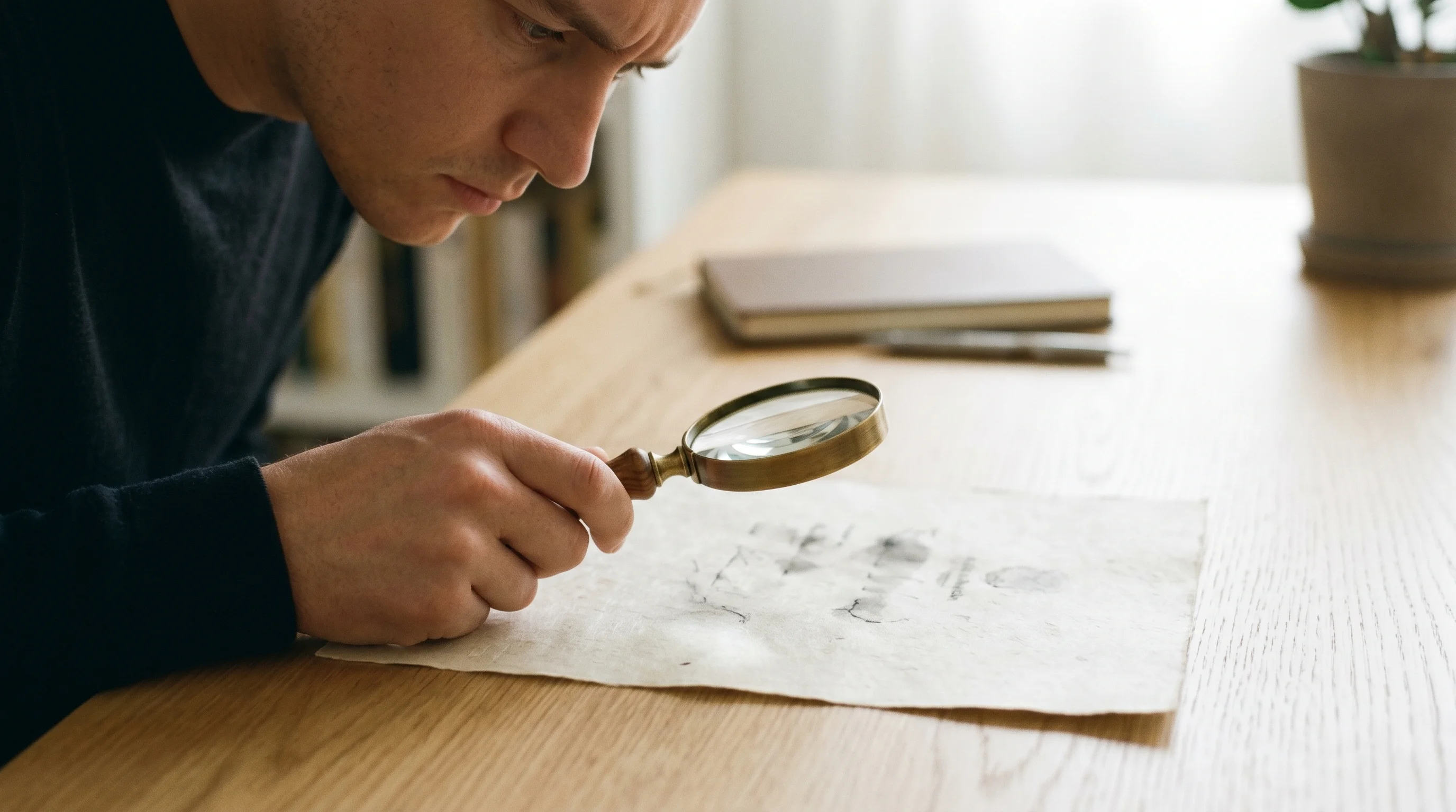 Digital illustration for article section "The Skeptic's Question" in "Zolvo Brings AI Loan Servicing to $4T Commercial Lending Market" - Generate an image of someone looking through a magnifying glass at a document or screen, symbolizing...
