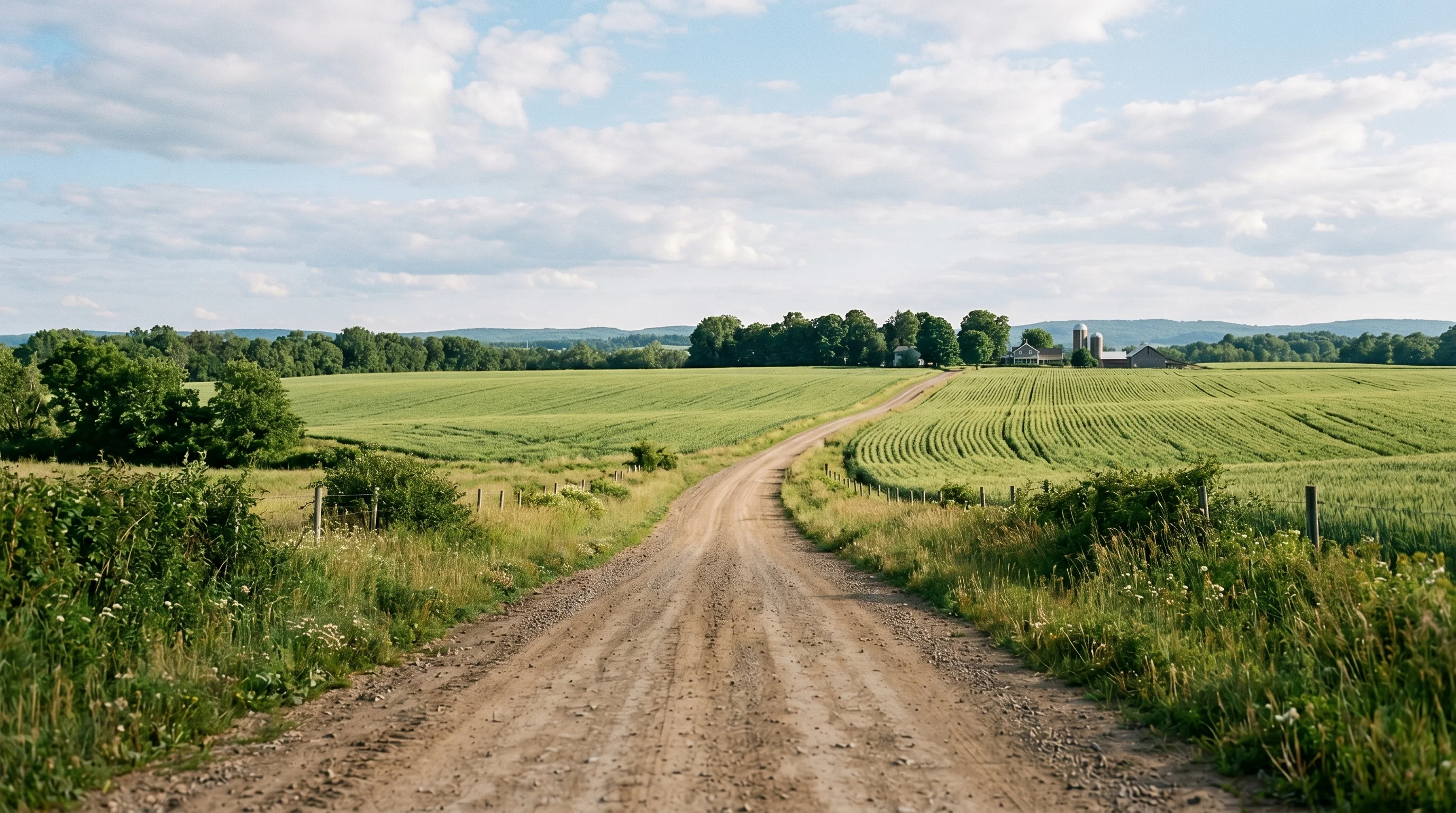 Digital illustration for article section "What Comes Next" in "Anveshan Raises $12.7M Series B for Blockchain Food Traceability" - Create an image of a dirt road leading towards a large farm field, symbolizing the expansion and dee...