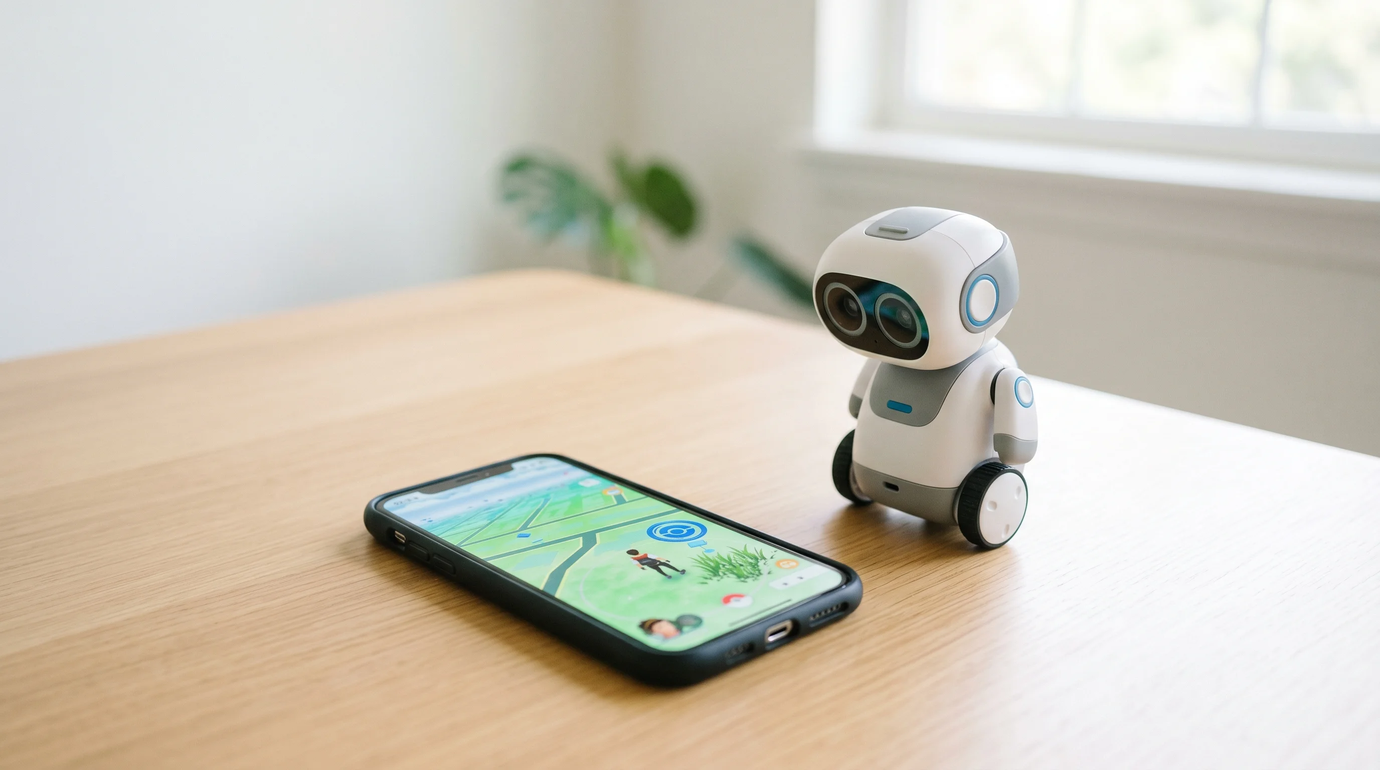Digital illustration for article section "Case Studies from the Field" in "The Real-World Data Rush: How AI Labs Are Solving Training Data Scarcity" - Generate an image showing a smartphone with the Pokémon GO app open, placed on a table next to a sma...