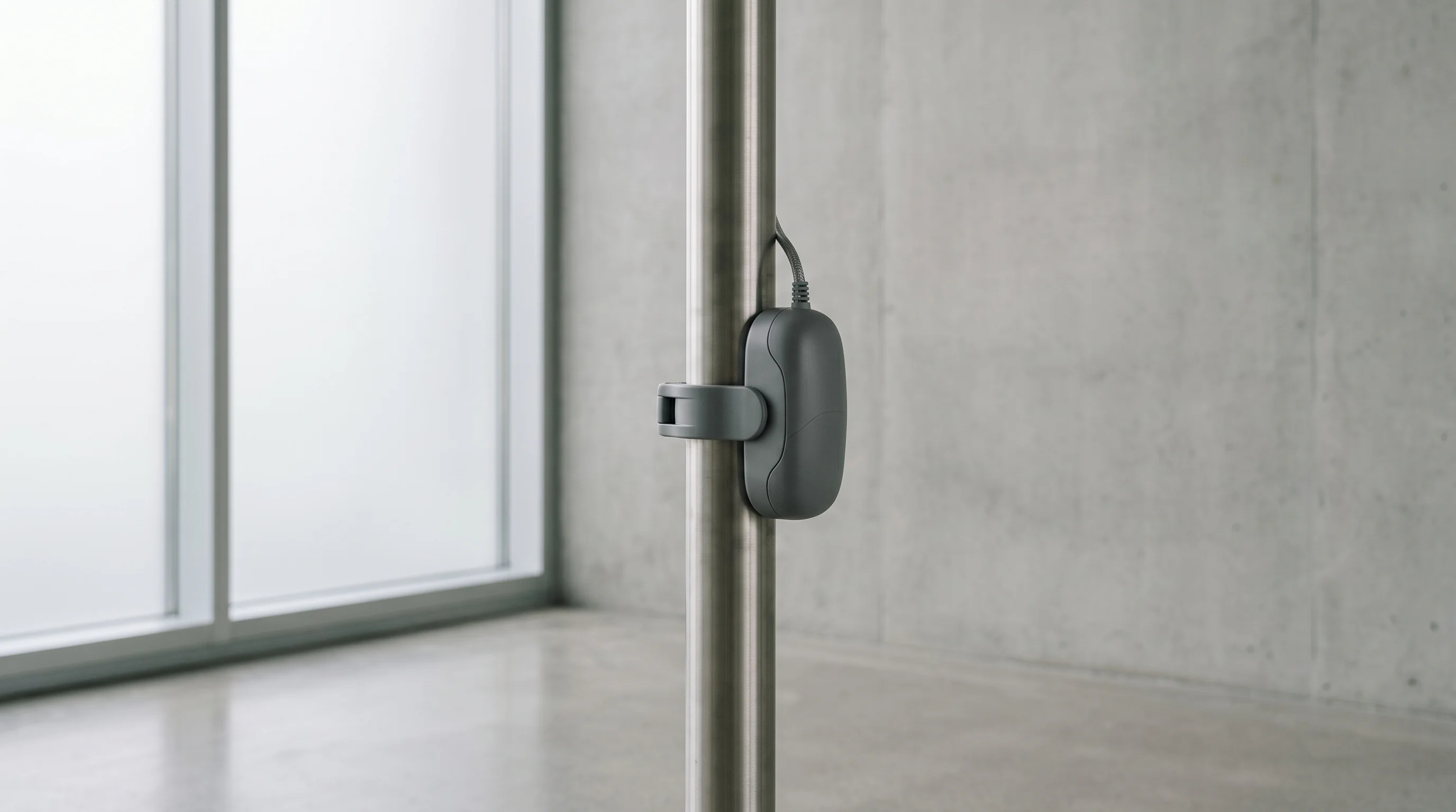 Digital illustration for article section "The Technology: Clamp, Learn, Localize" in "YC-Backed AquaShield Launches AI to Stop Water Waste in Buildings" - An image of a pipe with a clamp-like sensor attached to it, placed in a modern, minimally designed b...