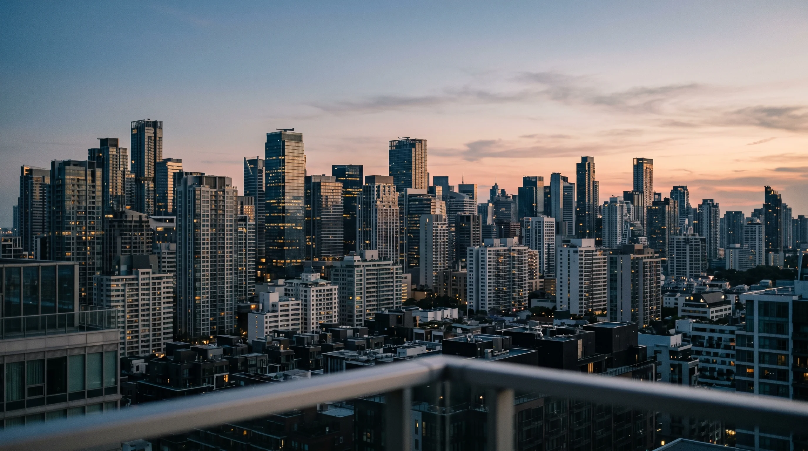 Digital illustration for article section "A Competitive Landscape Getting More Crowded" in "YC-Backed AquaShield Launches AI to Stop Water Waste in Buildings" - A photo of a city skyline with multiple buildings, representing the crowded competitive landscape. T...
