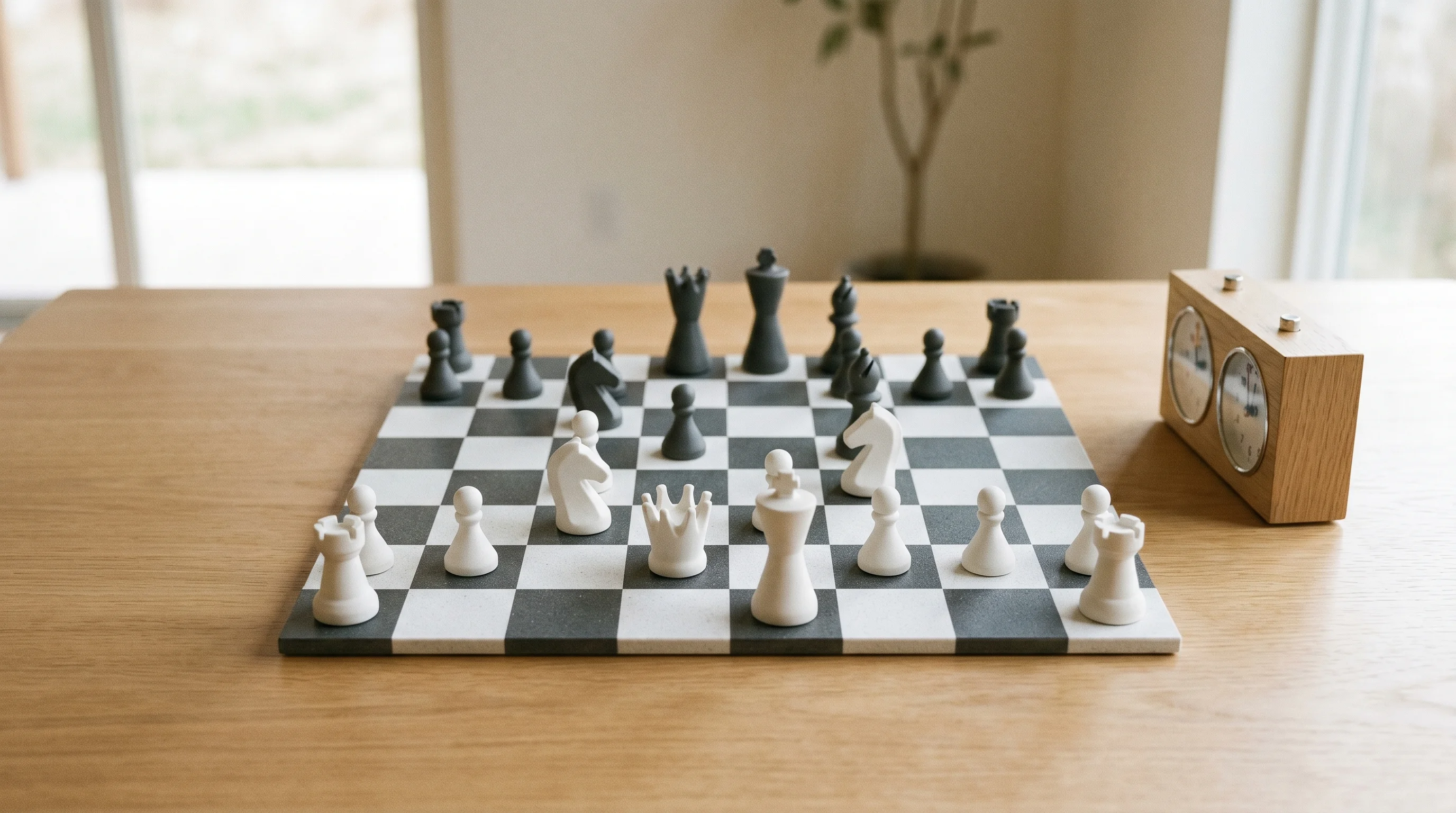 Digital illustration for article section "First, or Just Early?" in "YC-Backed Klaimee Launches Liability Insurance for AI Agents" - Generate a realistic image of an abstract, minimalist chess board setup in the middle of a match, in...