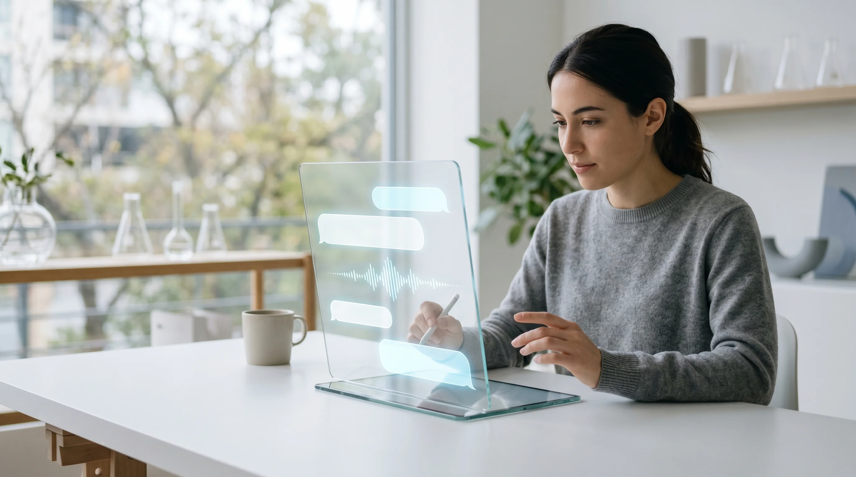 Digital illustration for article section "The Optimistic Case—and Its Darker Alternative" in "The Battle to Control Lab Instruments with Natural Language" - Generate a realistic image depicting the interface of a futuristic, AI-powered natural language proc...
