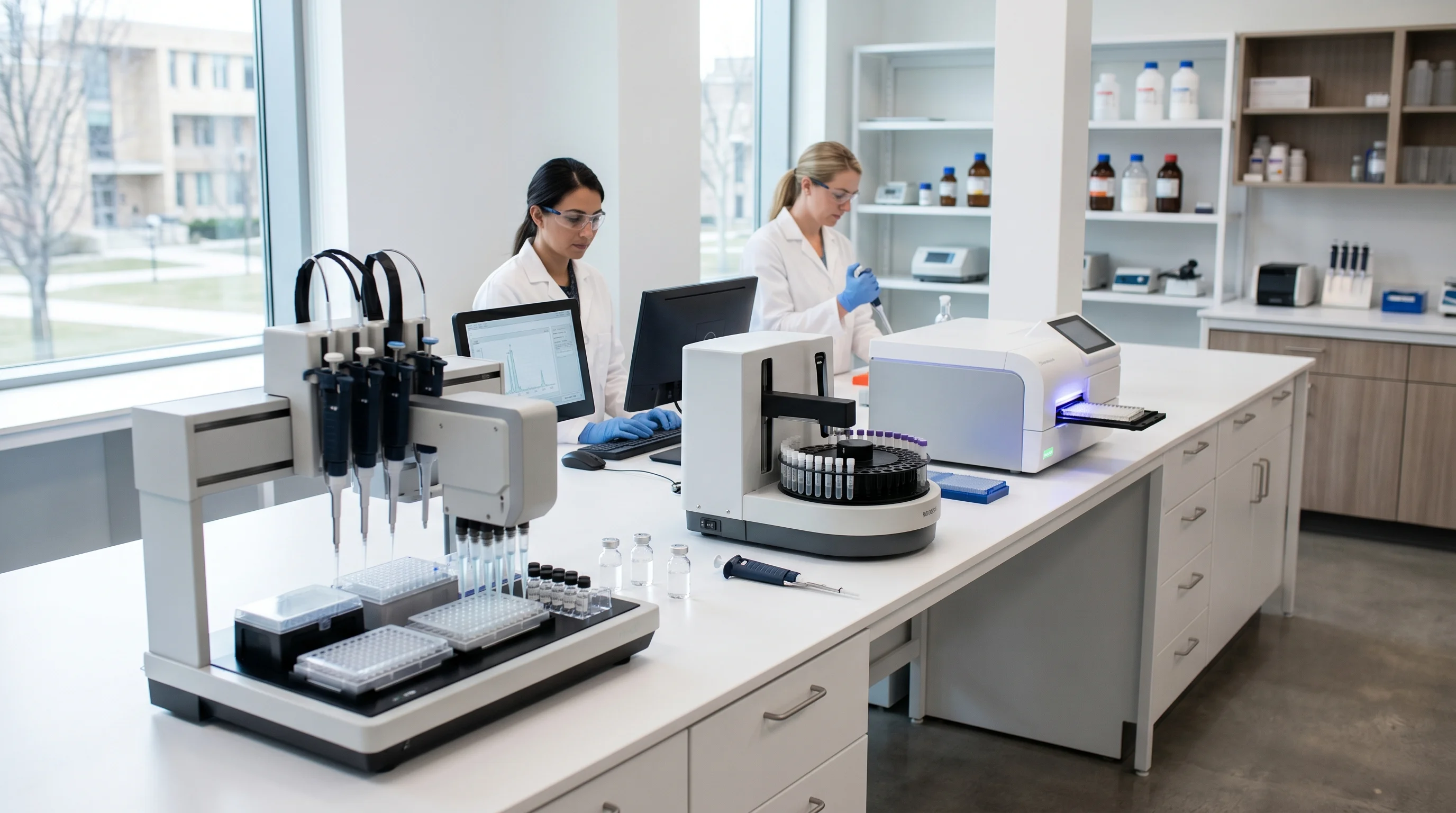 Digital illustration for article section "Standards, Skills, and What Comes Next" in "The Battle to Control Lab Instruments with Natural Language" - Generate a realistic image showing a professional, modern laboratory setting with several automated ...