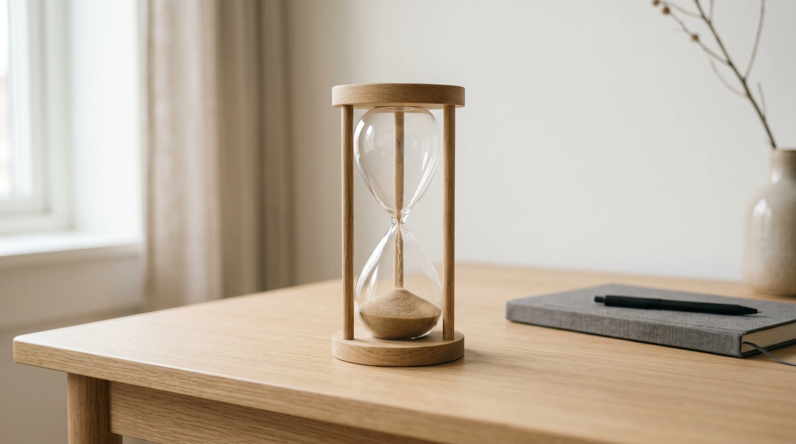 Digital illustration for article section "A Number That Changes the Math" in "YC-Backed Keyframe Labs Launches AI Video Avatars at $0.06/Minute" - Generate a realistic image of a minimalist hourglass on a clean, contemporary desk. The hourglass sh...