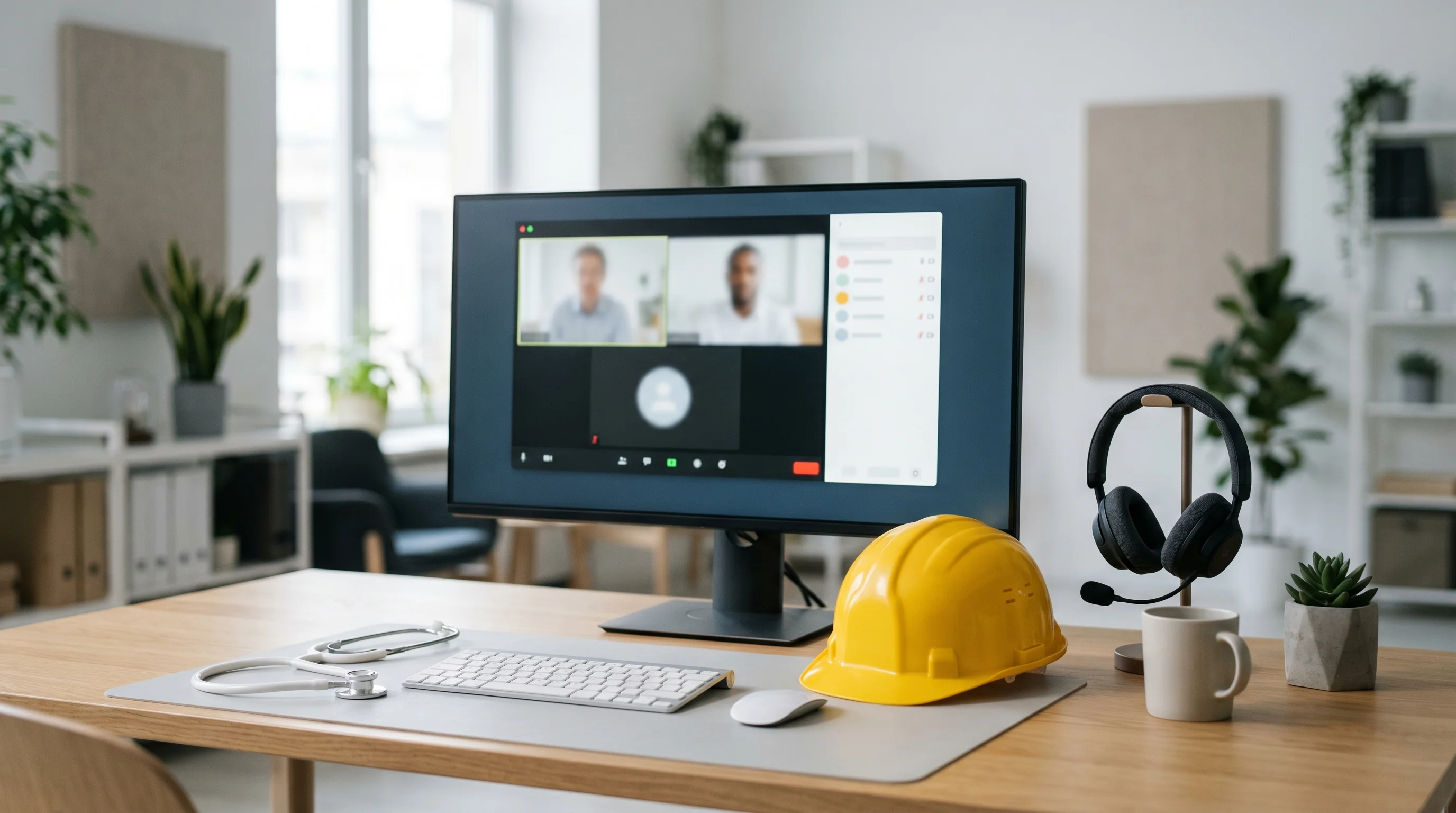 Digital illustration for article section "Where They Think the Avatars Will Go" in "YC-Backed Keyframe Labs Launches AI Video Avatars at $0.06/Minute" - Generate a realistic image of a modern office desk with a computer displaying a video call interface...