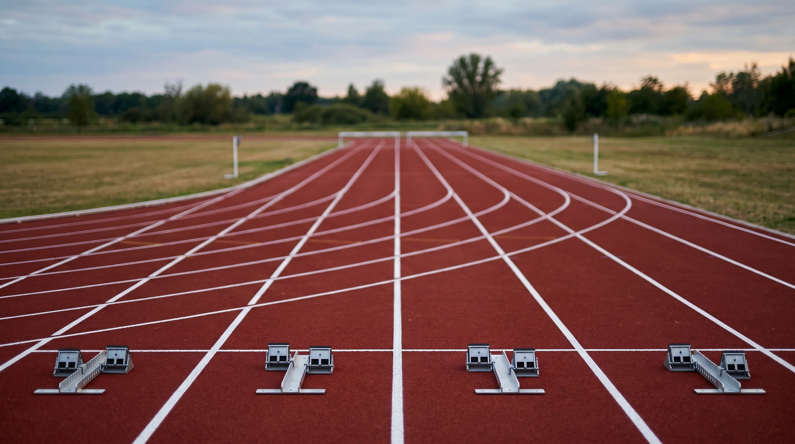 Digital illustration for article section "A Crowded, Fast-Moving Field" in "YC-Backed Keyframe Labs Launches AI Video Avatars at $0.06/Minute" - Generate a realistic image of a race track with lanes, starting blocks, and a finish line. There sho...