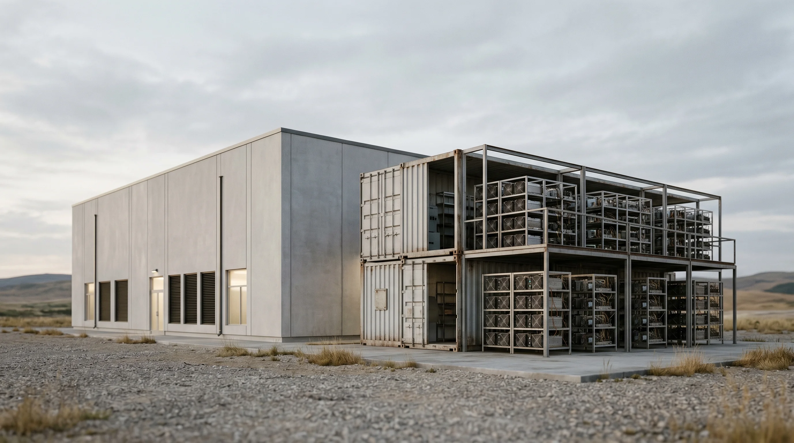 Digital illustration for article section "Beyond Data Centers: Crypto Miners and Capital Structures" in "General Compute Raises $15M for 5-7x Faster AI Inference Cloud" - Create an image showing a large, modern data center juxtaposed next to a cryptocurrency mining setup...