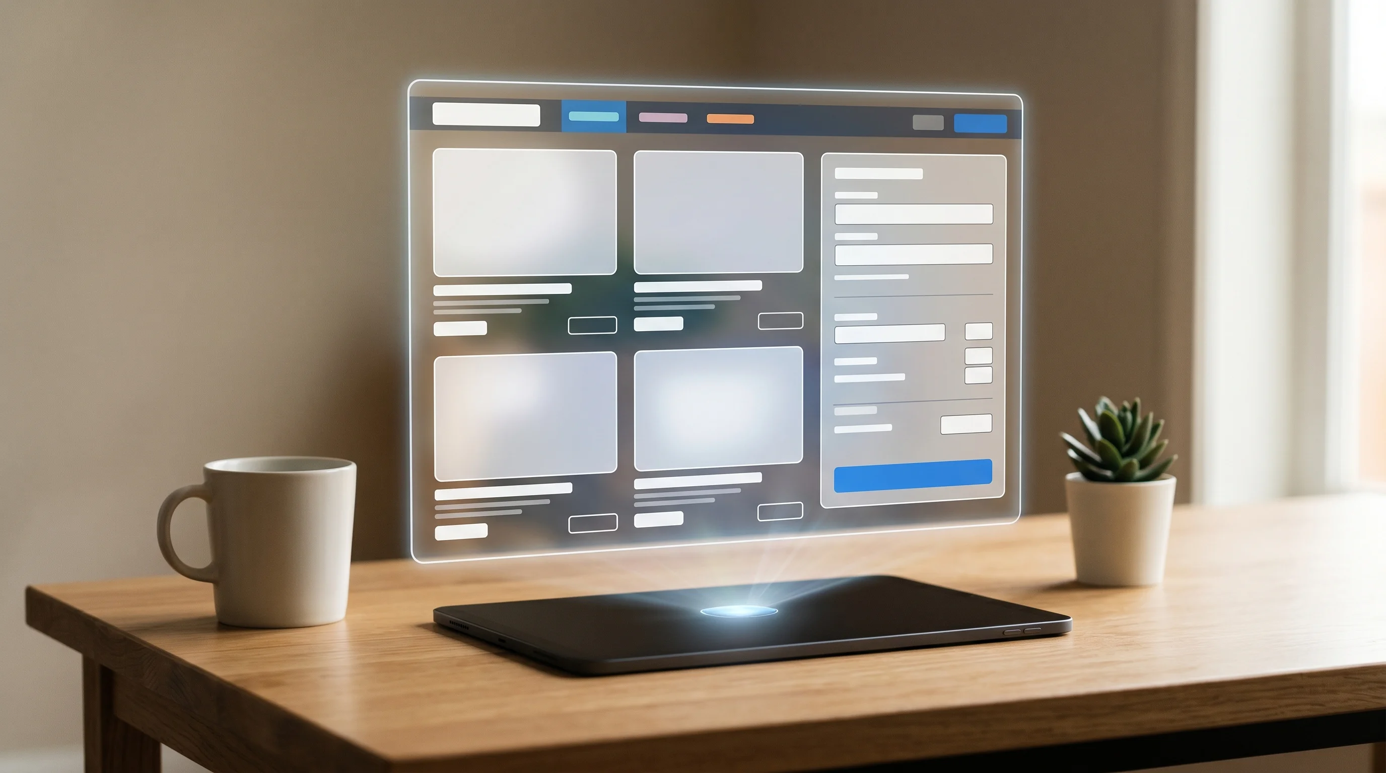 Digital illustration for article section "Type a Prompt, Get a Store" in "Amboras Debuts AI Platform to Automate E-Commerce Store Operations" - Generate a realistic image of a clean, modern virtual interface projected from a tablet on a desk. T...