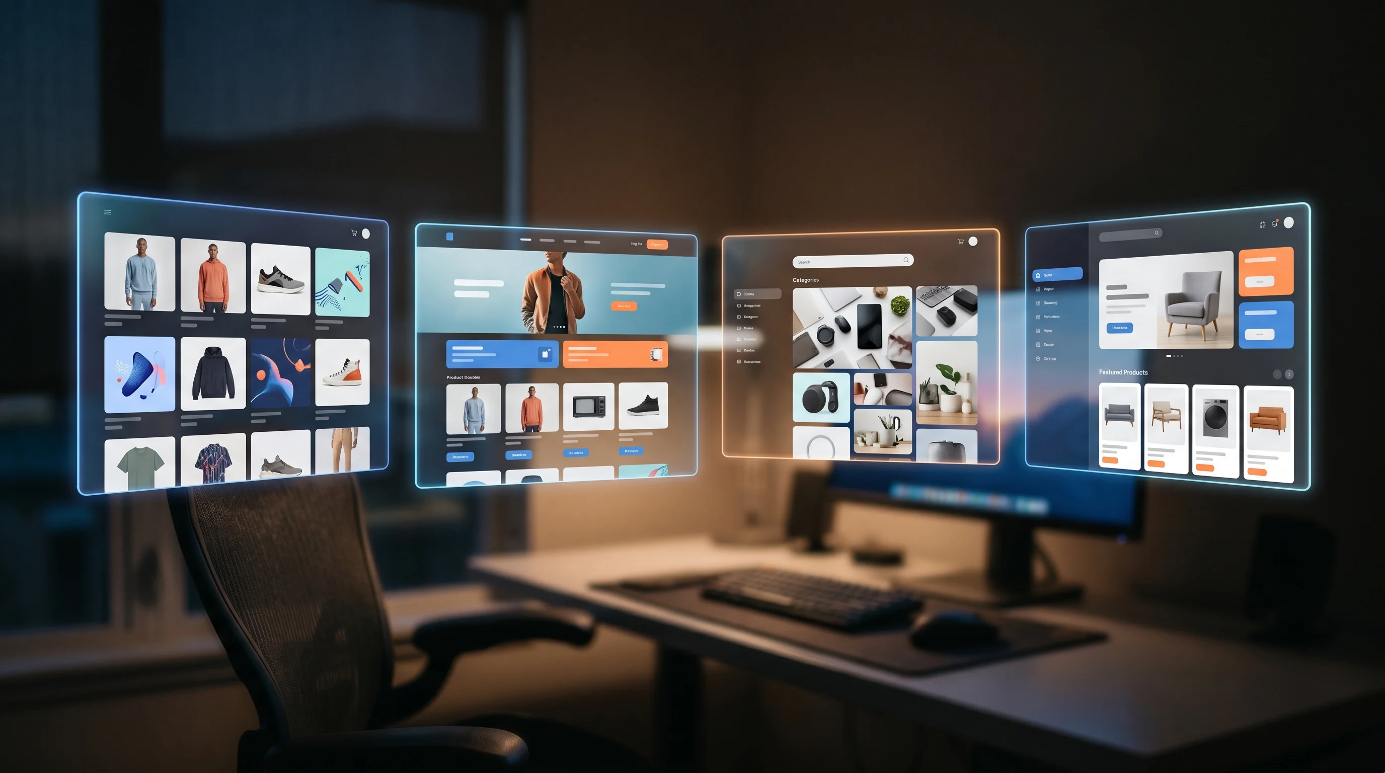 Digital illustration for article section "The Category Forms in Real Time" in "Amboras Debuts AI Platform to Automate E-Commerce Store Operations" - Generate a realistic image of several virtual 3D screens floating in front of a blurred out workstat...