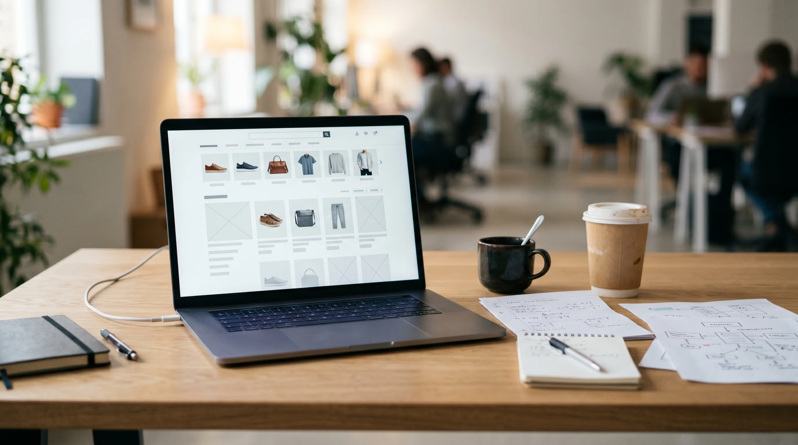 Digital illustration for article section "Autonomy or Autocomplete?" in "Amboras Debuts AI Platform to Automate E-Commerce Store Operations" - Generate a realistic image of a modern office desk with a laptop displaying an e-commerce site, surr...