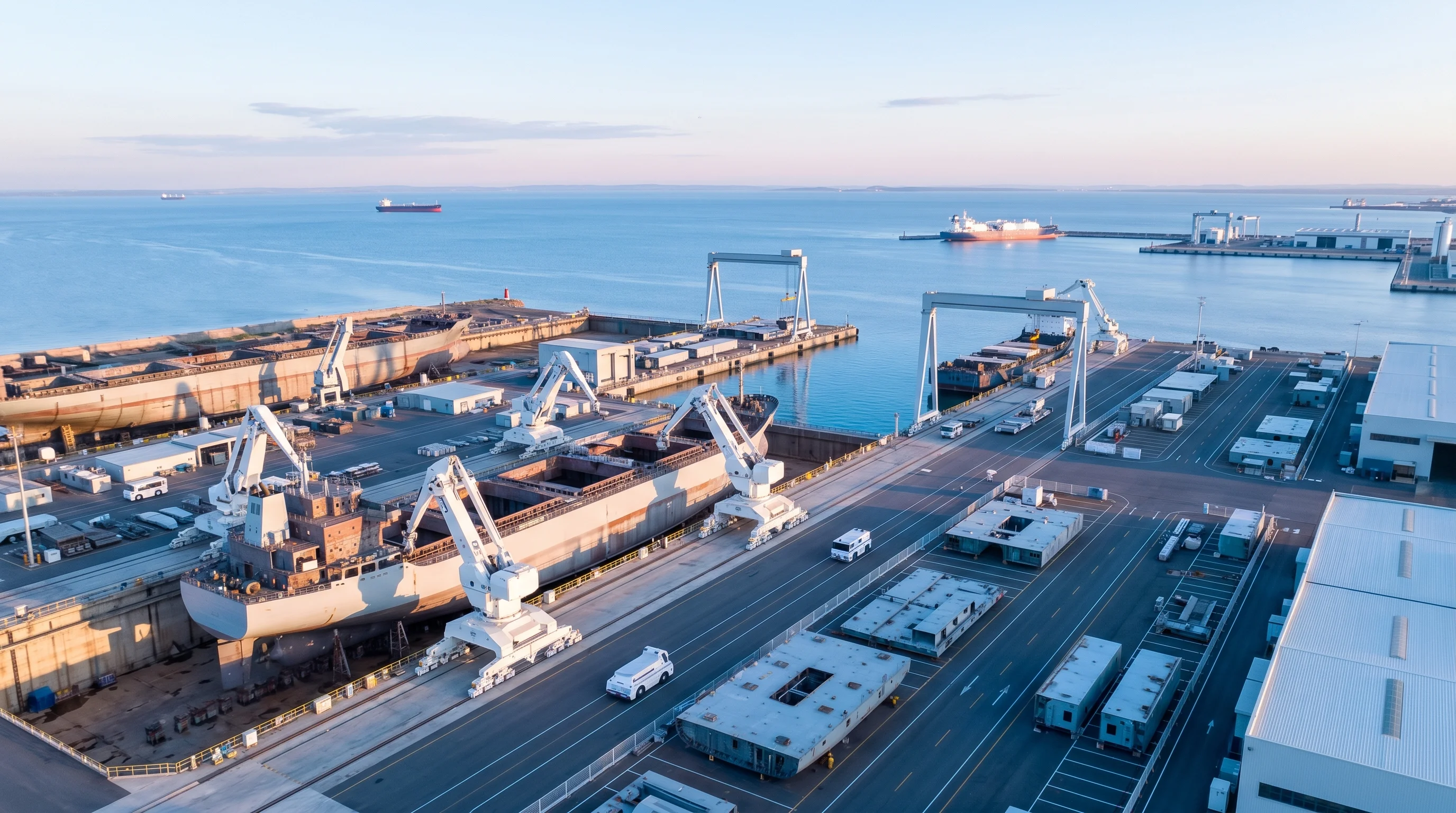 Digital illustration for article section "Three Forces Reshaping the Landscape" in "AI Tackles America's Welder Crisis: 320,500 Pros Needed by 2029" - Generate an image of a modern shipyard with visible signs of advanced technology integration. This c...