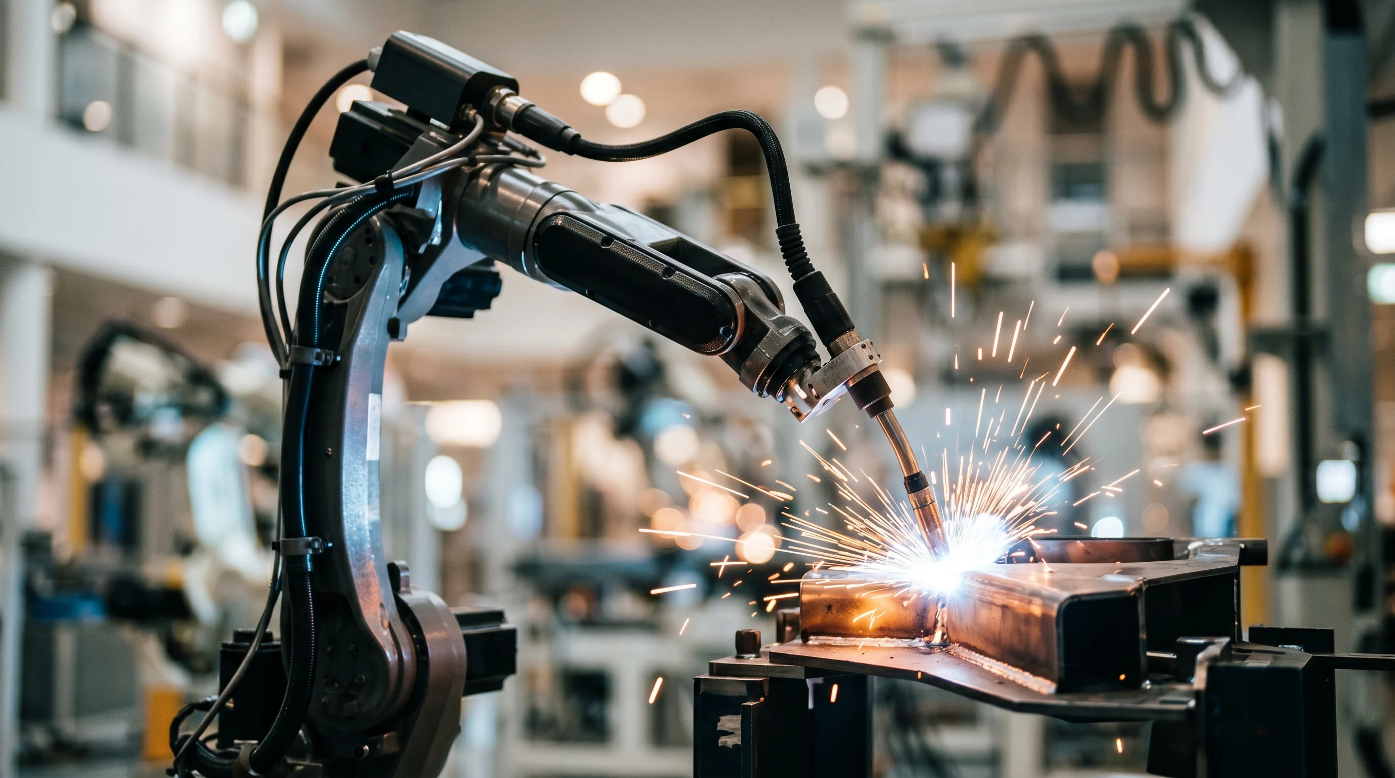 Digital illustration for article section "What Comes Next" in "AI Tackles America's Welder Crisis: 320,500 Pros Needed by 2029" - Generate an image of a robotic arm engaged in precision welding in a futuristic industrial setting. ...