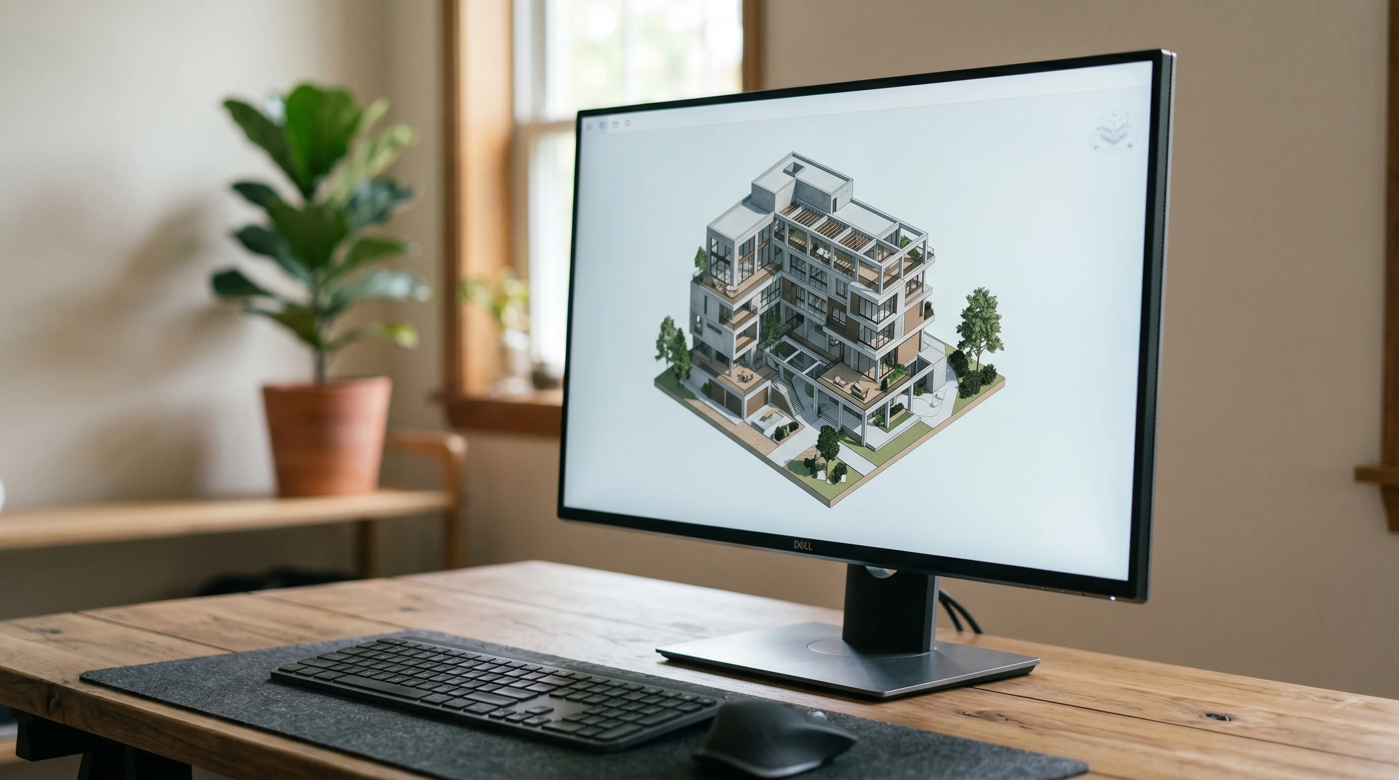 Digital illustration for article section "Speed, Forecasts, and a Bloomberg Fantasy" in "YC-Backed PLAN0 AI Launches 'Bloomberg of Construction' with $20B Pipeline" - Generate a realistic image of a 3D model of a construction project on a computer screen, implying th...