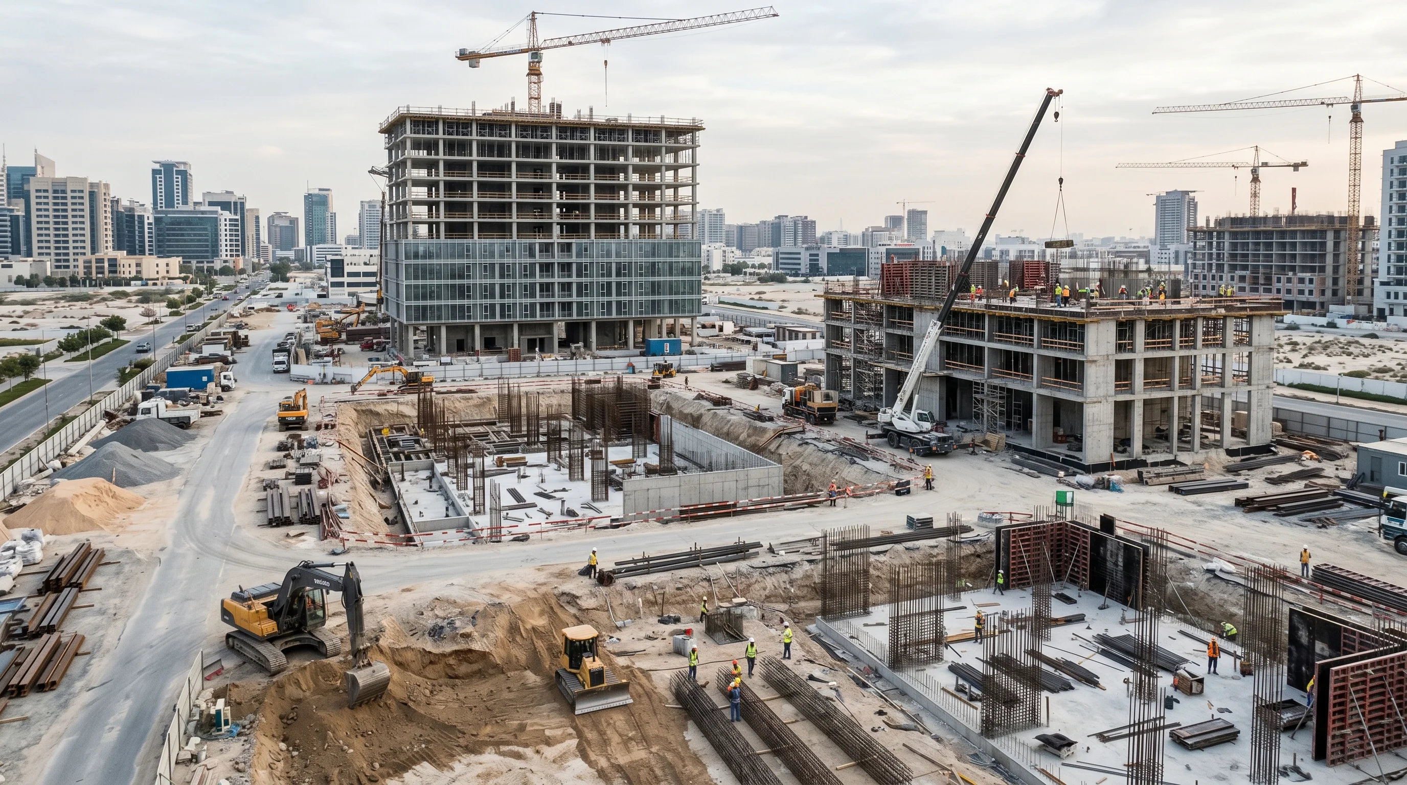 Digital illustration for article section "A Crowded Moment" in "YC-Backed PLAN0 AI Launches 'Bloomberg of Construction' with $20B Pipeline" - Generate a realistic image of several construction sites with different stages of progress, illustra...