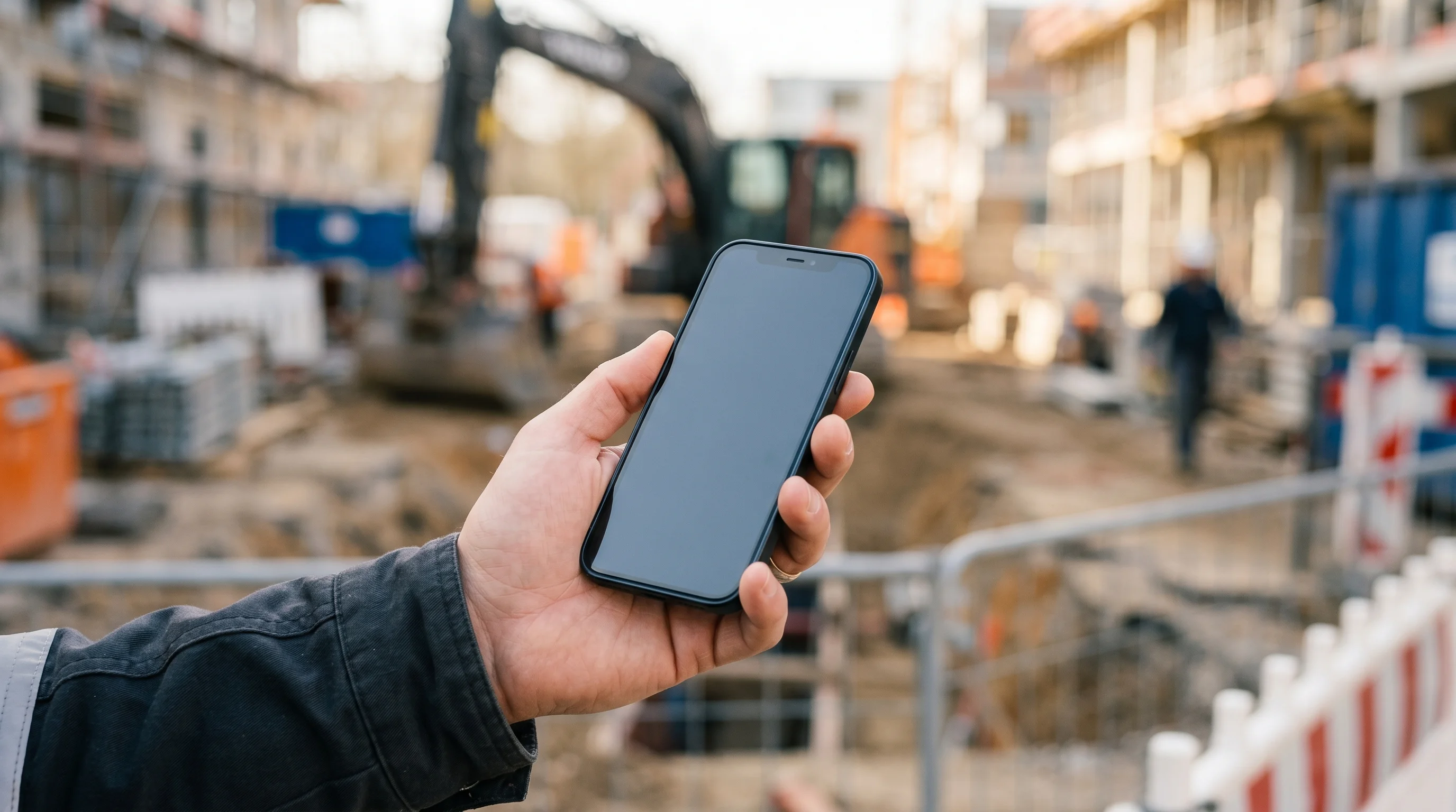 Digital illustration for article section "The Execution Test" in "YC-Backed PLAN0 AI Launches 'Bloomberg of Construction' with $20B Pipeline" - Generate a realistic image of a hand holding a smartphone with a blurred construction site in the ba...