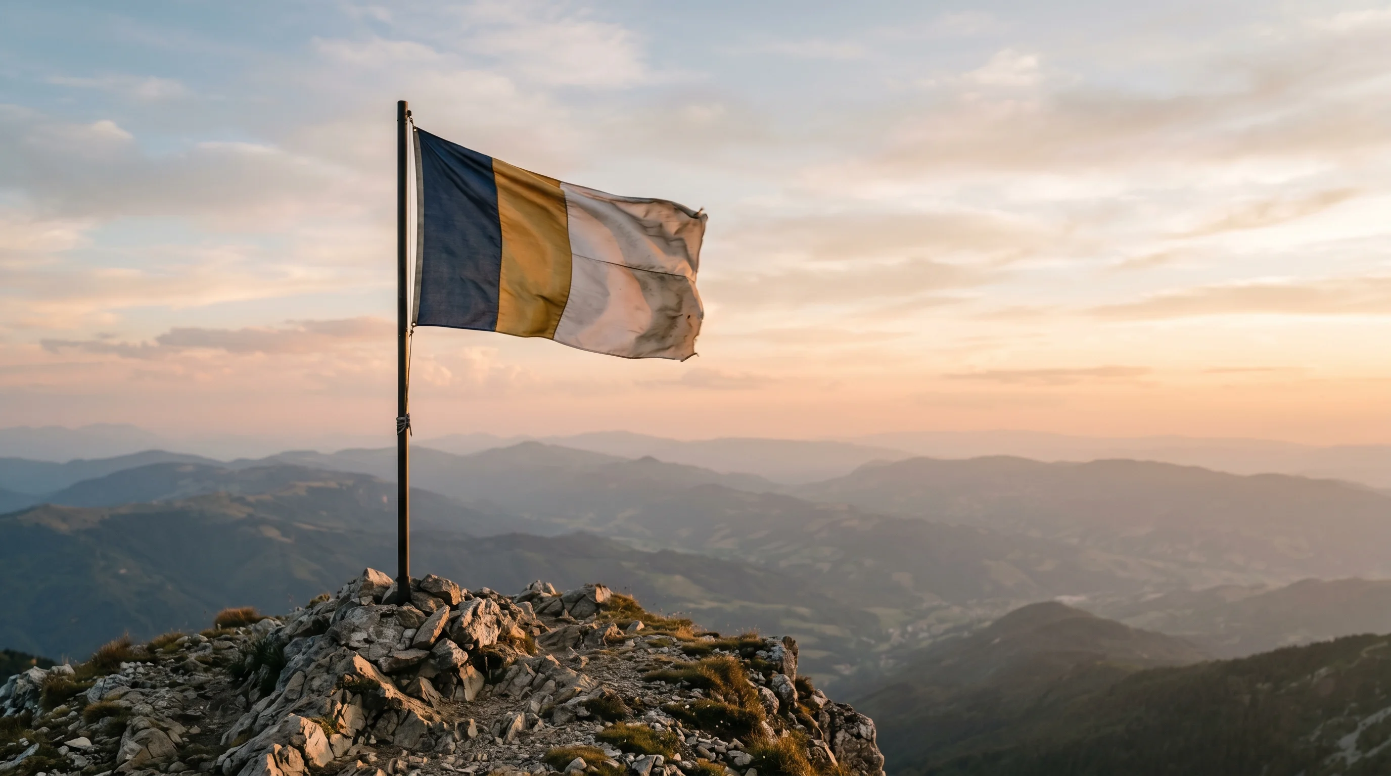 Digital illustration for article section "The Field Is Already Crowded" in "YC-Backed Refortifai Takes On Cadence, Siemens With AI Analog Design Agents" - A realistic image of a flag planted on a hill or mountain peak, symbolizing the established powers i...