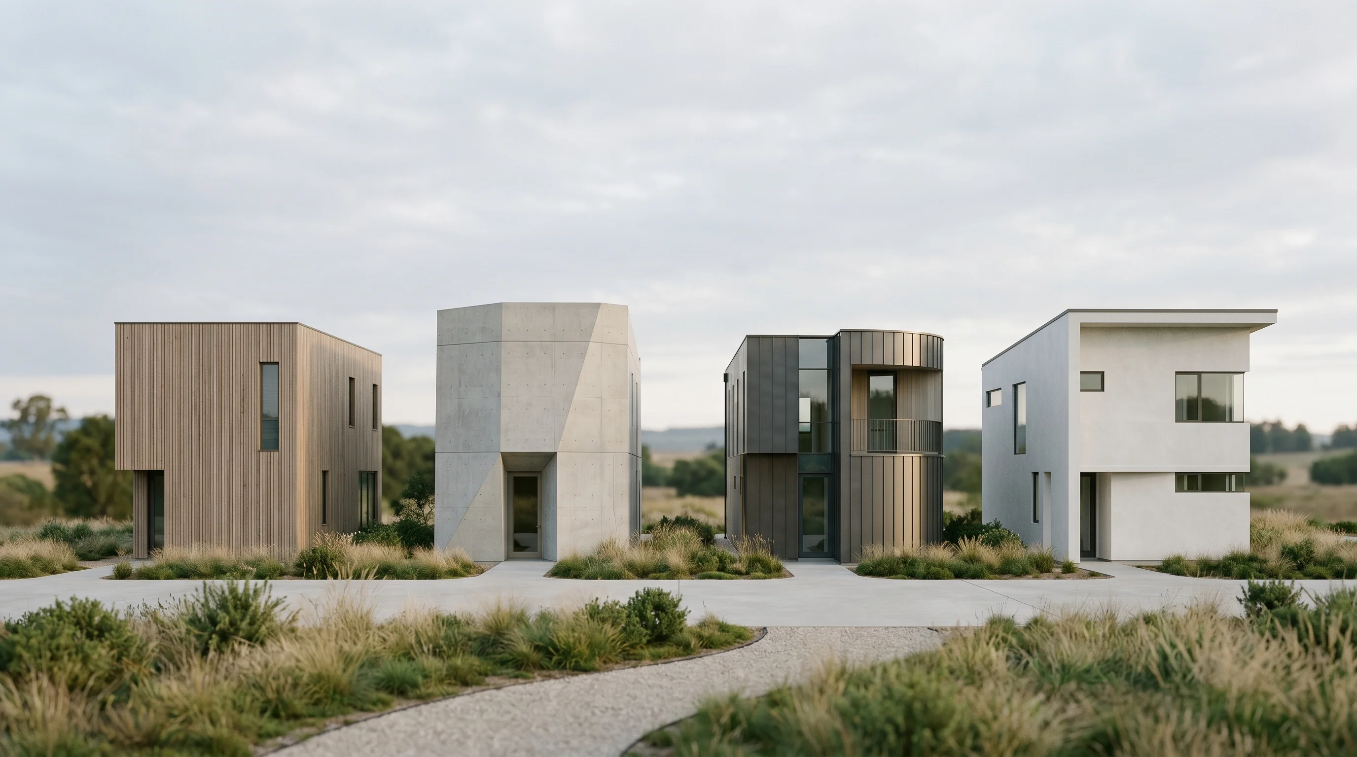 Digital illustration for article section "Client List, With Caveats" in "River Markets Launches Prime Brokerage for Prediction Markets" - Generate a realistic image of four nondescript, abstract buildings in a line, each subtly different ...