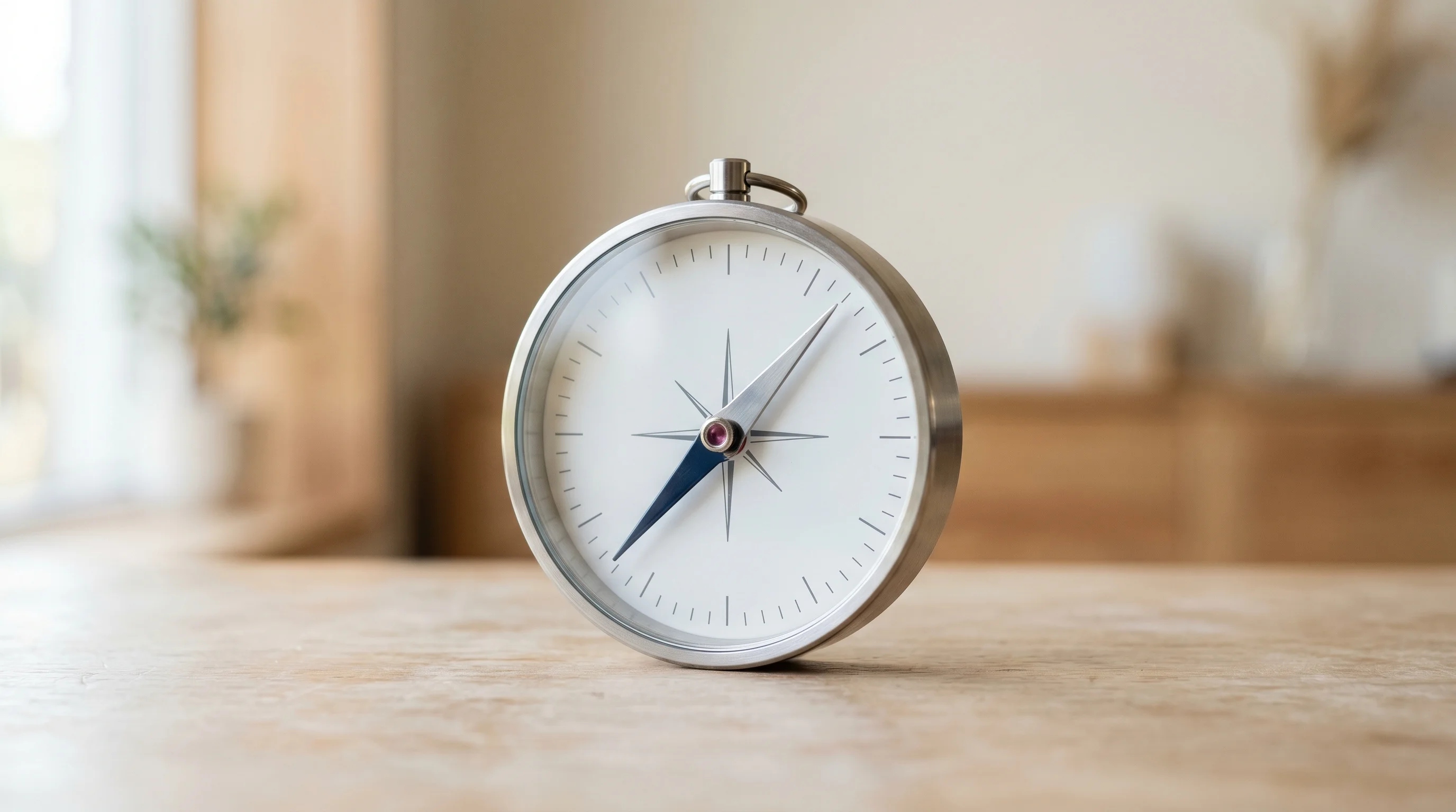 Digital illustration for article section "Regulatory Tailwinds, Maybe" in "River Markets Launches Prime Brokerage for Prediction Markets" - Generate a realistic image of a modern compass with a soft, clean background. The compass needle sho...