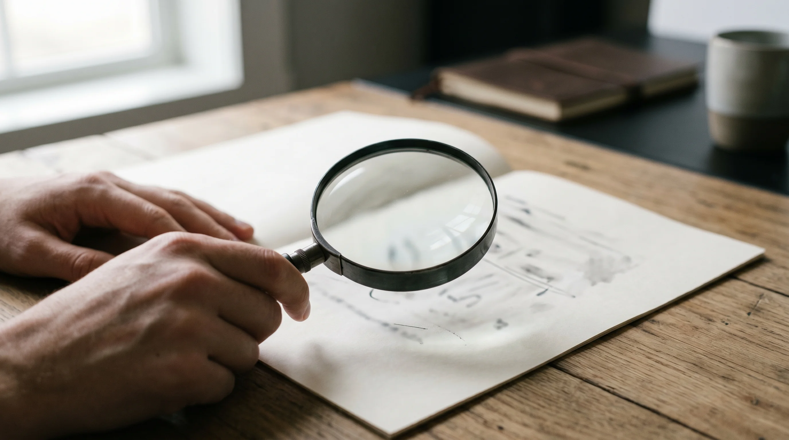 Digital illustration for article section "The Regulatory Shadow" in "Ex-Apple Designer's ANORIA Wearable Claims to Read Your Emotions in Real Time" - Portray the concept of regulatory scrutiny with an image of a magnifying glass hovering over a docum...
