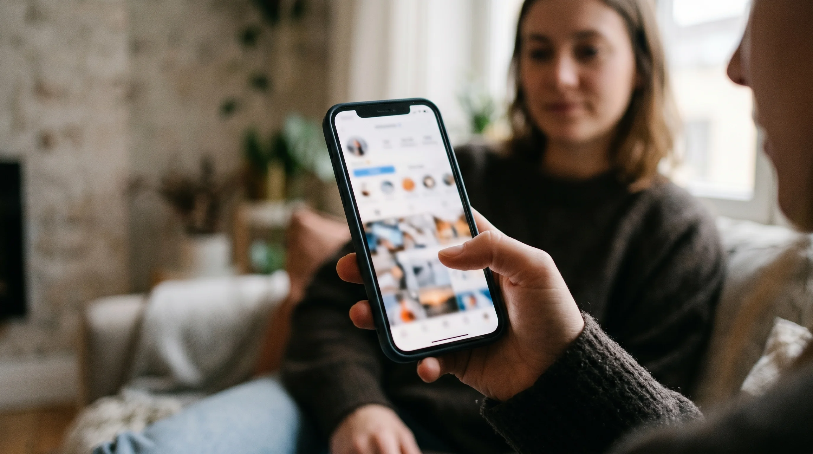 Digital illustration for article section "What's Real, What's Hype" in "Ex-Apple Designer's ANORIA Wearable Claims to Read Your Emotions in Real Time" - Visualize social media traction with a blurred, abstract image of a social media feed on a smartphon...