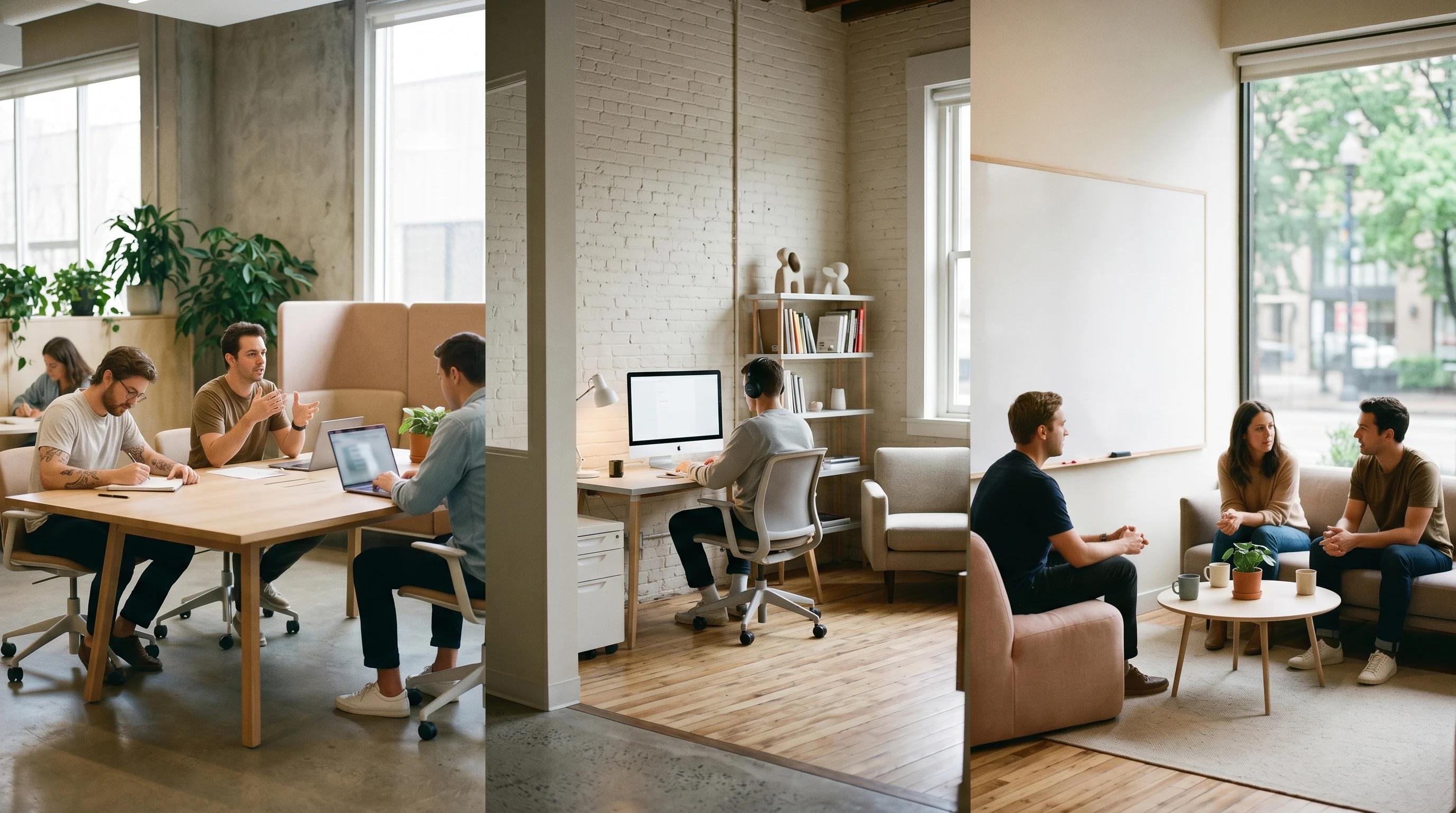 Digital illustration for article section "A Quiet Launch, A Pivot in Progress" in "YC-Backed CharacterQuilt Launches AI Agents to Automate Marketing Ops" - Generate a realistic image of three subtly different startup office environments, representing the t...