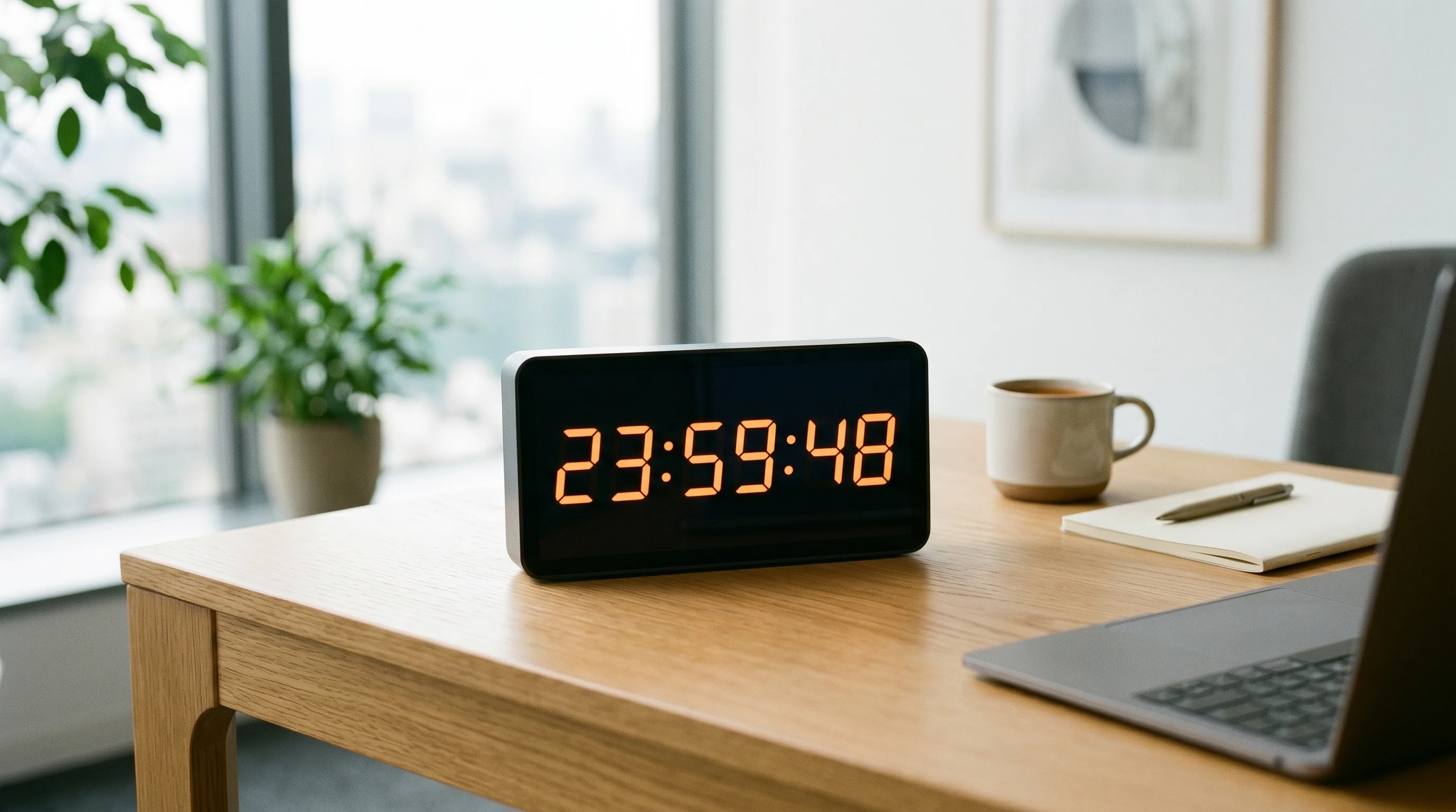 Digital illustration for article section "What Comes Next" in "YC-Backed CharacterQuilt Launches AI Agents to Automate Marketing Ops" - Generate a realistic image of a modern digital clock counting down, placed in a minimalist, clean wo...