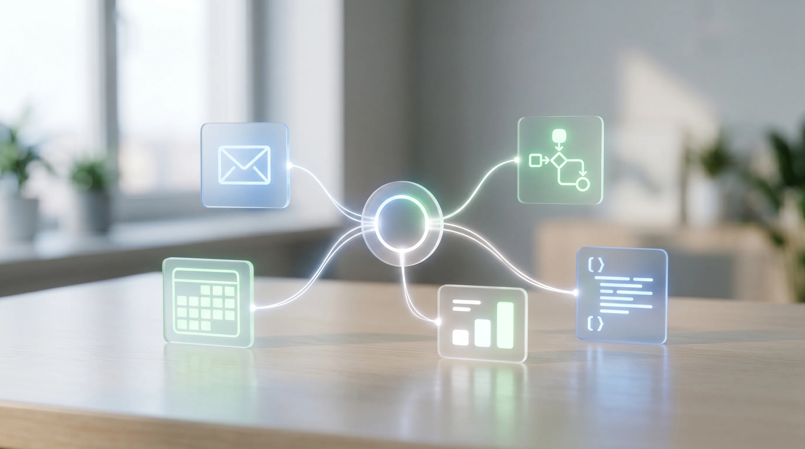 Digital illustration for article section "What Comes Next" in "YC-Backed Hyper Launches AI 'Company Brain' for Startups" - Generate a realistic image of diverse digital tools (like email, calendar, code repository) seamless...