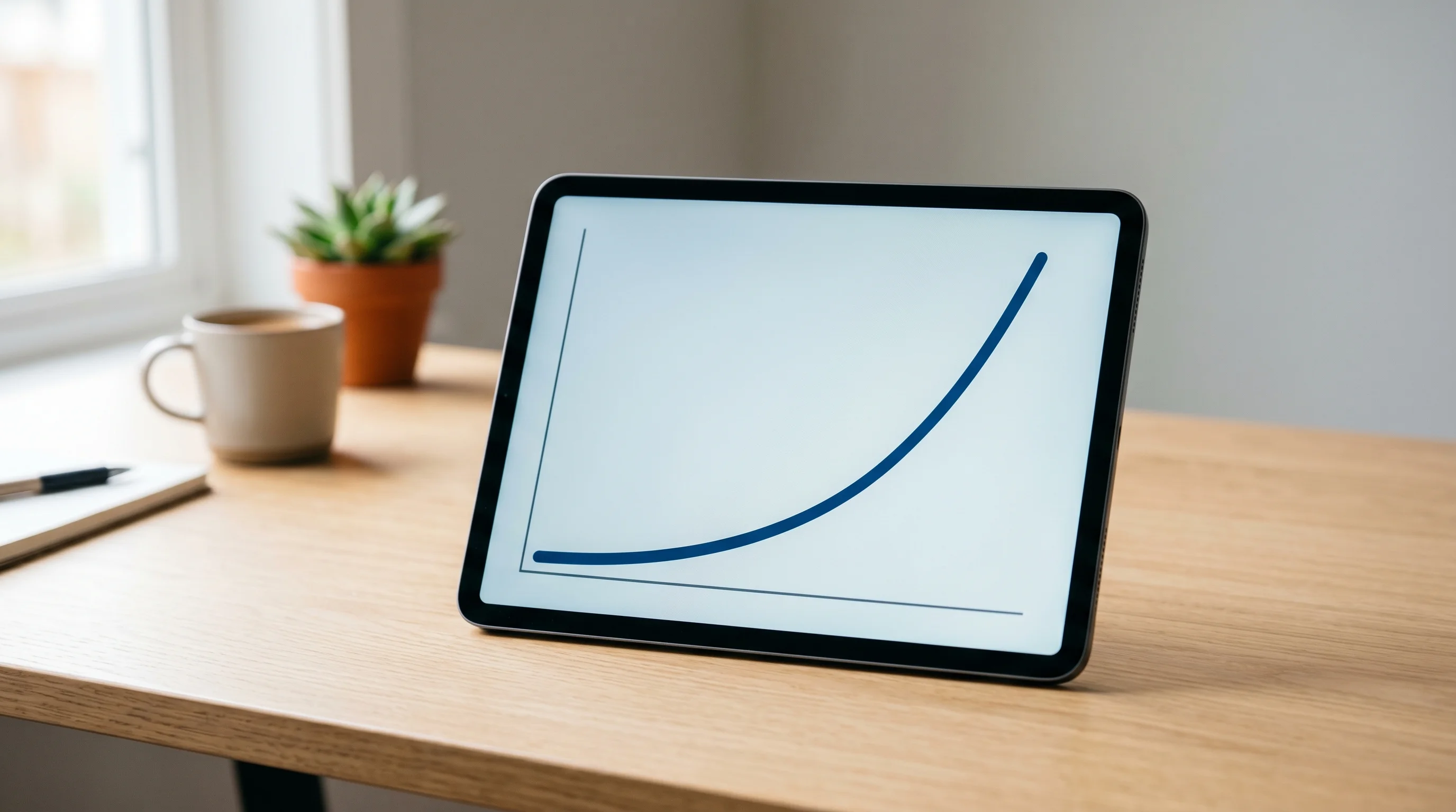 Digital illustration for article section "Content Section 3" in "Drafted's AI Turns Sketches Into Home Plans as It Scales Past 90K Designs" - Generate a realistic image of a graph on a digital tablet, showing a steep growth curve. The tablet ...