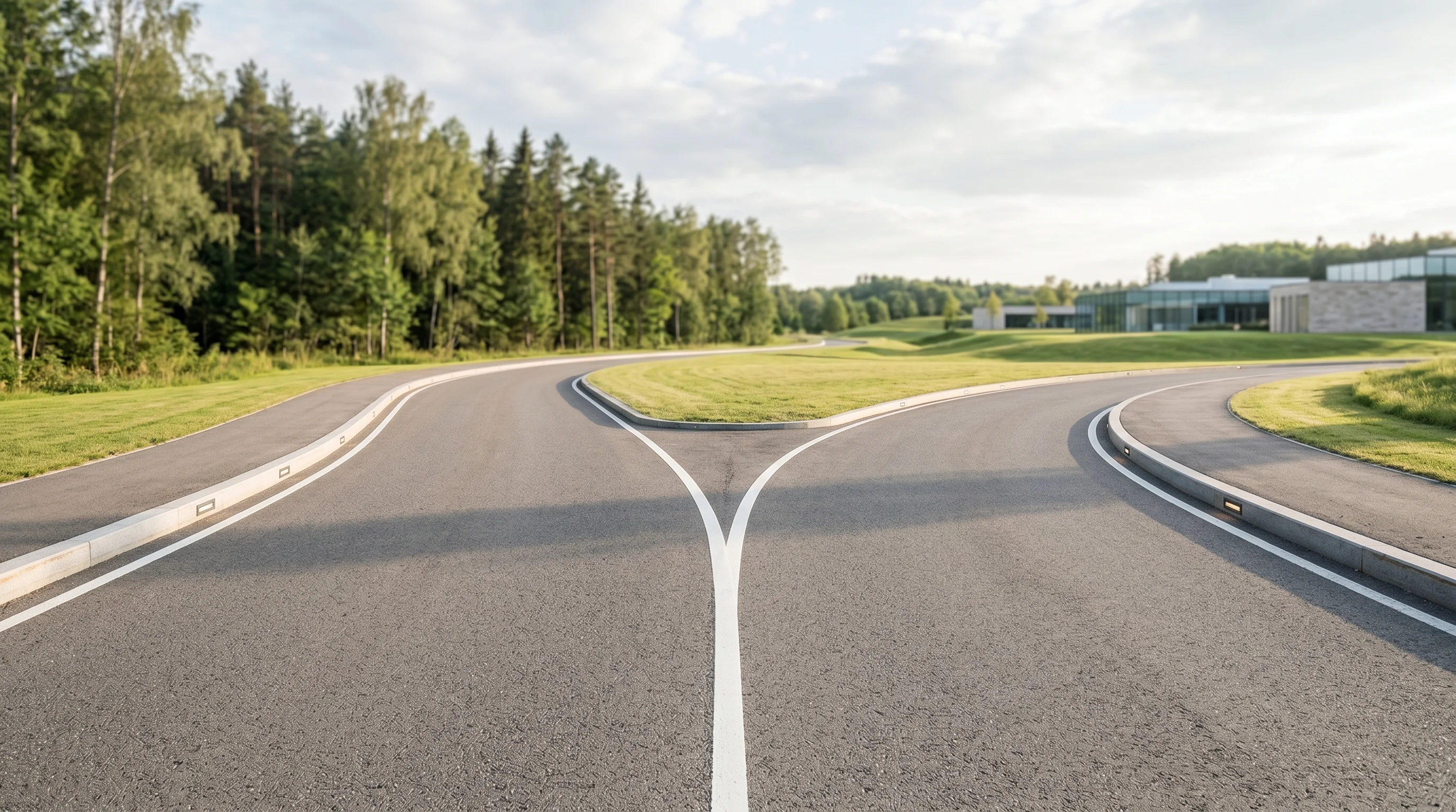 Digital illustration for article section "Content Section 5" in "Drafted's AI Turns Sketches Into Home Plans as It Scales Past 90K Designs" - Generate a realistic image of two paths diverging from a single point on a clean, modern looking roa...