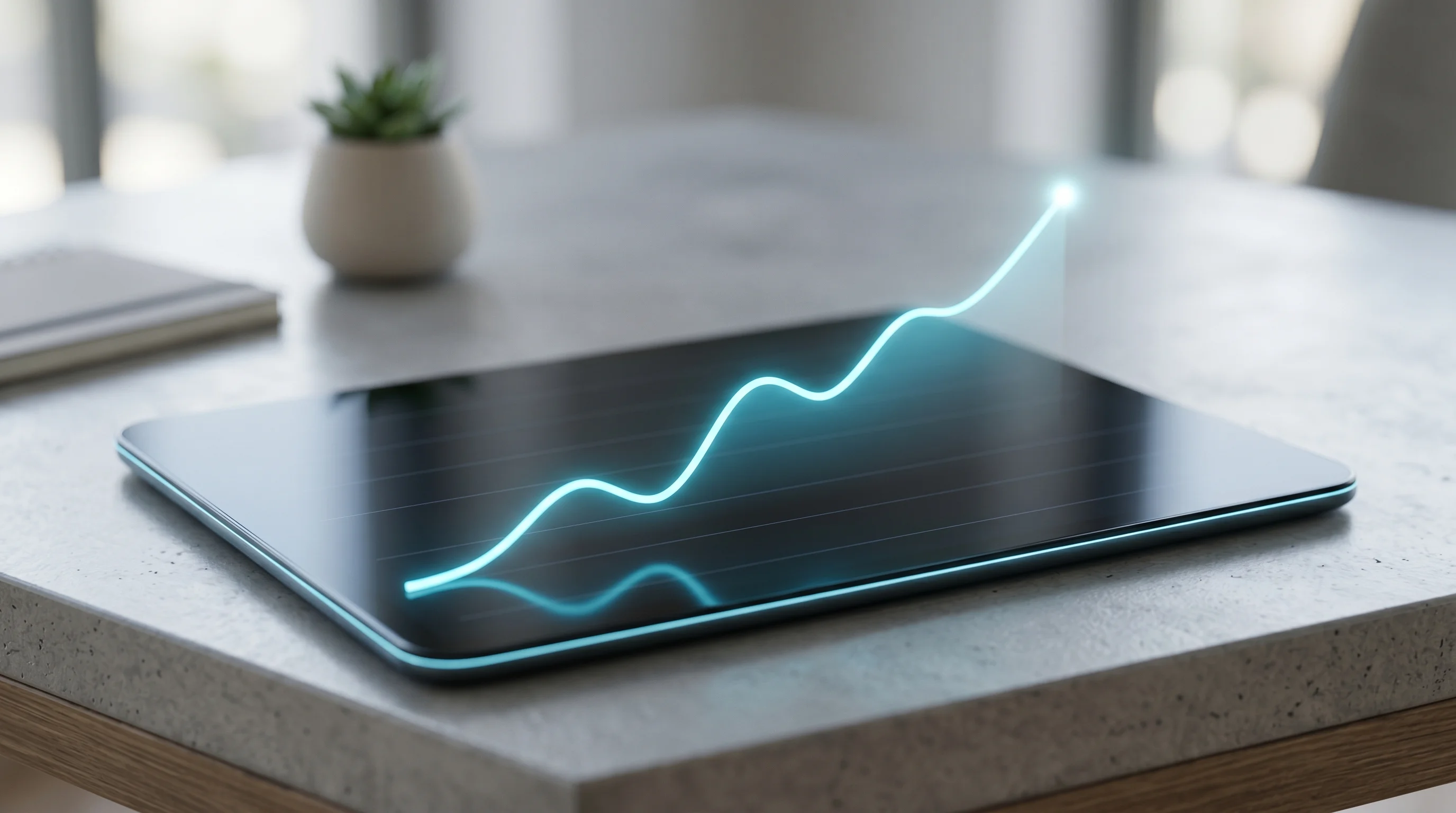 Digital illustration for article section "Growth Numbers, With Grains of Salt" in "YC-Backed Gojiberry Bets AI Agents Can Replace Sales Teams at $99/Month" - Generate a realistic image of an upward trend line or graph abstractly represented on a sleek, moder...