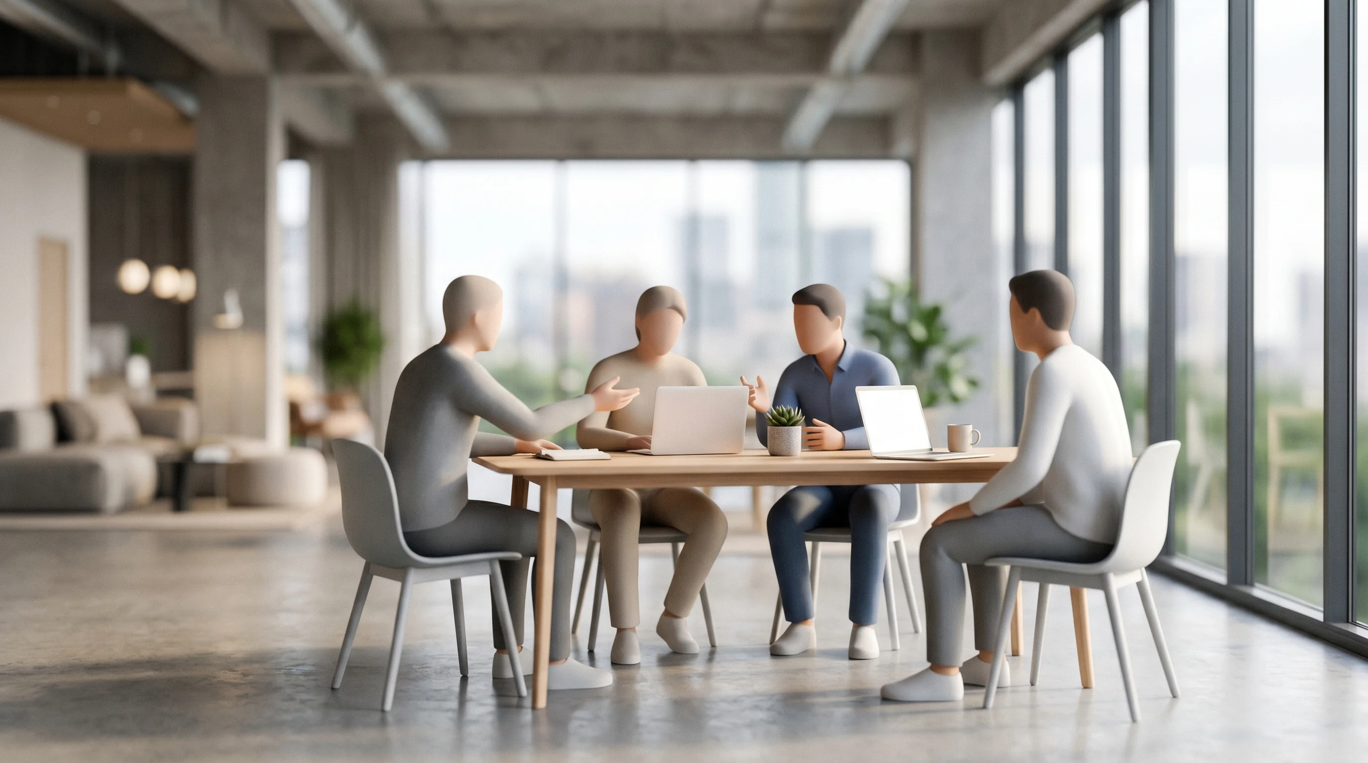 Digital illustration for article section "The Team and the Talent Grab" in "Ex-Apple Designer's ANORIA Wearable Claims to Read Your Emotions in Real Time" - Present an abstract image of a small team working together in a modern, open-plan office. The team m...