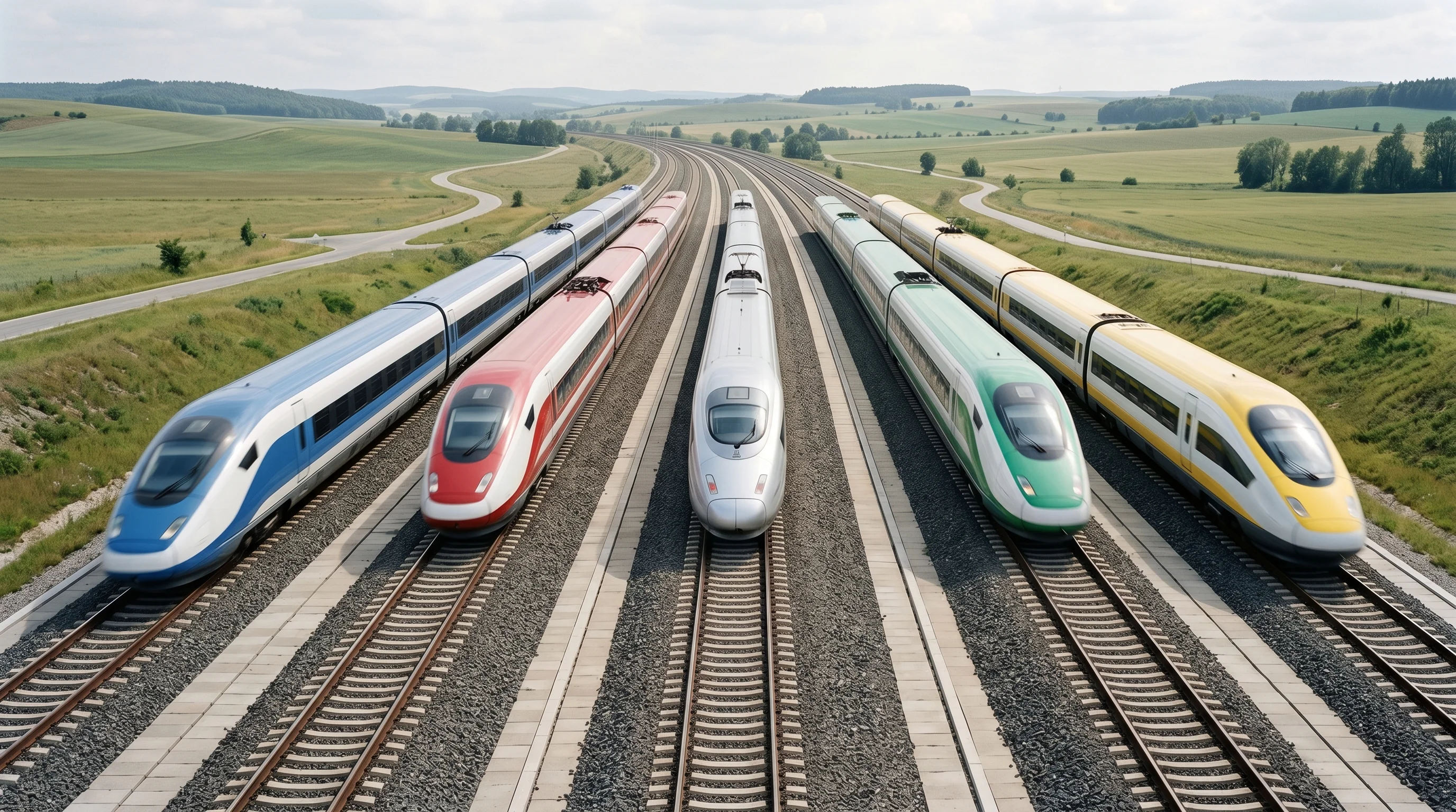 Digital illustration for article section "A Crowded Field" in "Ardent Clones Terabyte Databases in 6 Seconds for AI Agent Testing" - Generate a realistic image of multiple high-speed trains on parallel tracks, each heading in the sam...
