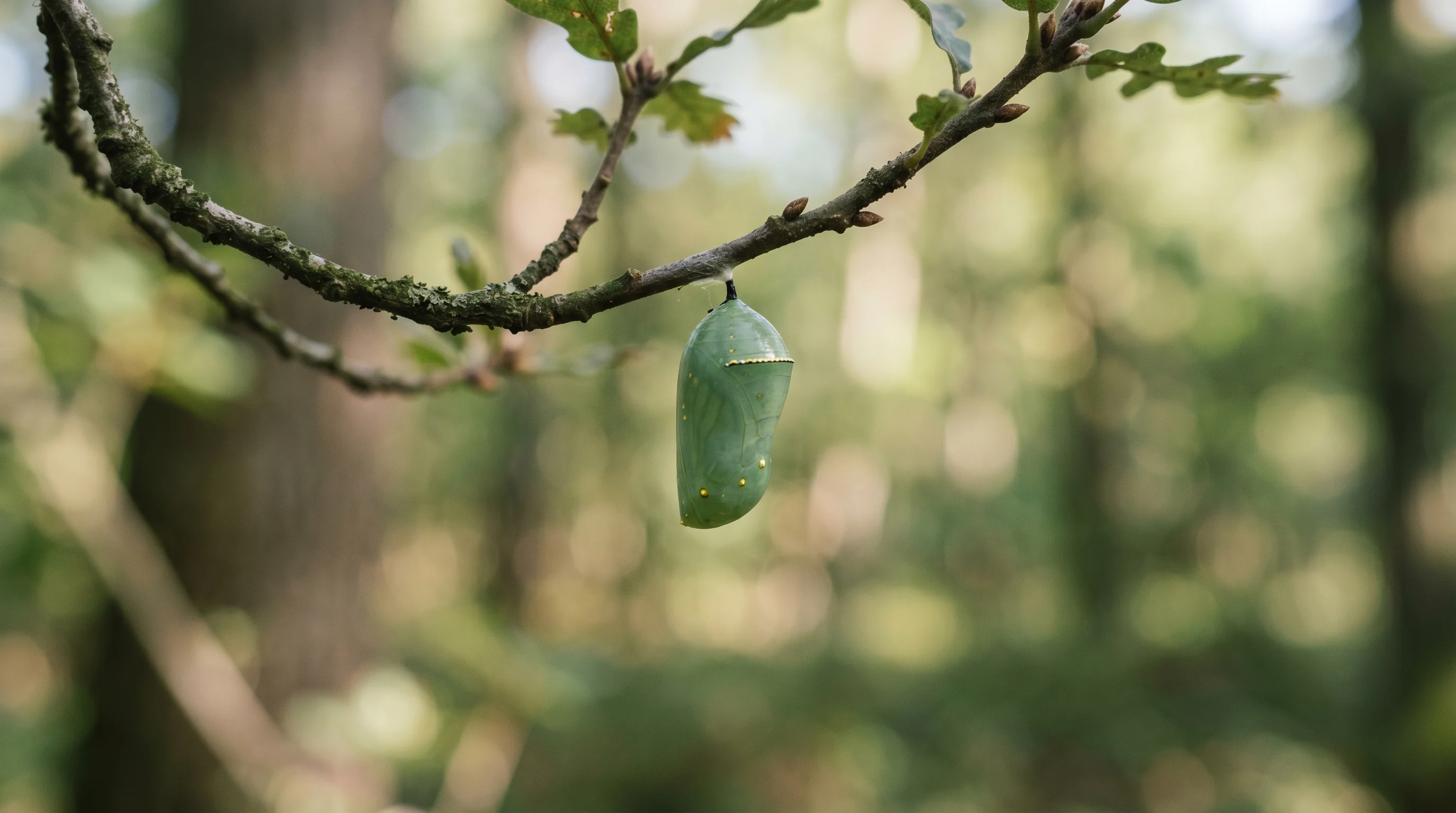 Digital illustration for article section "The Pivot" in "Ardent Clones Terabyte Databases in 6 Seconds for AI Agent Testing" - Generate a realistic image of a chrysalis hanging from a branch, representing transformation and cha...