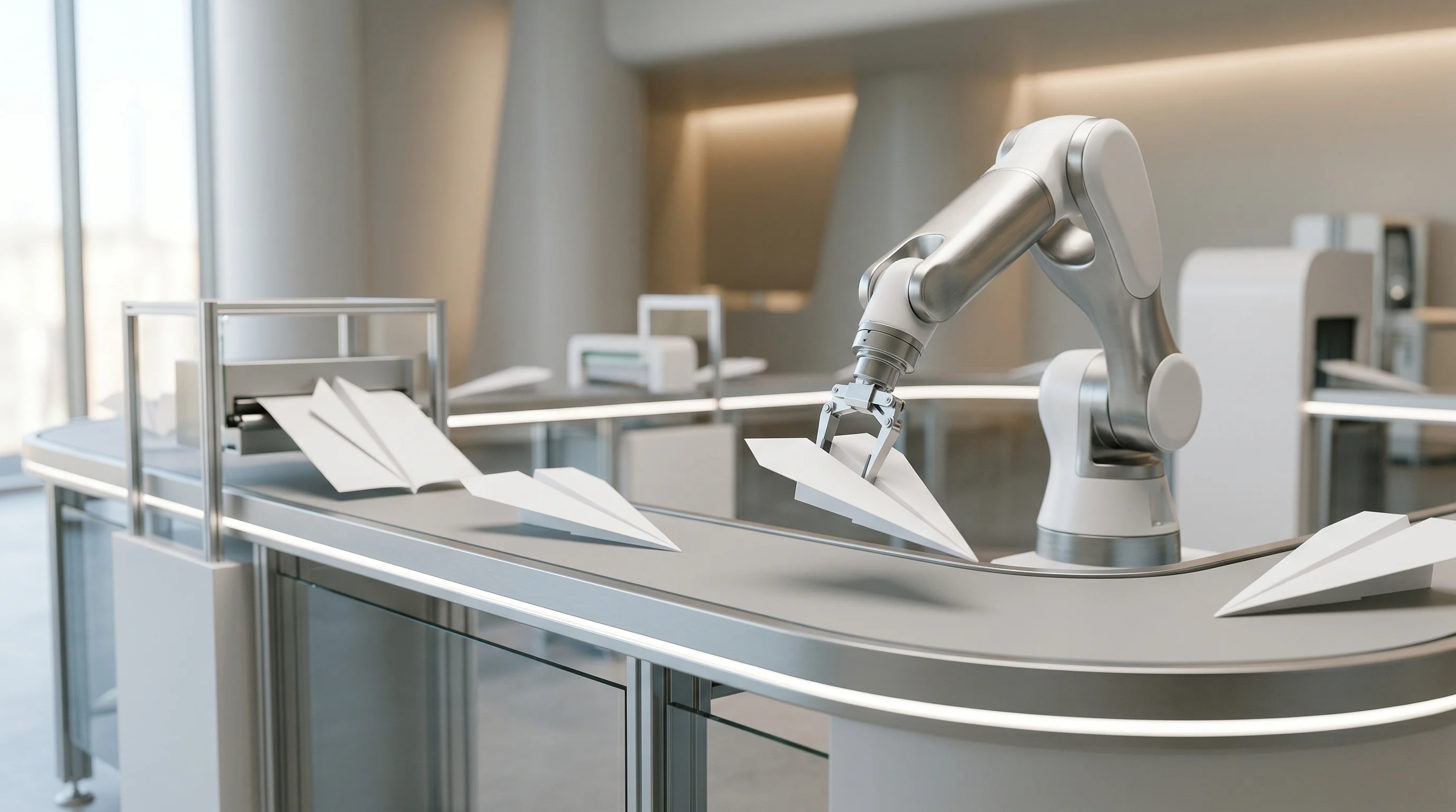 Digital illustration for article section "Denials on Autopilot" in "YC-Backed Taiga Launches AI Medical Billing for Independent Practices" - Create an image of an automated assembly line, but instead of physical products, it's processing pap...