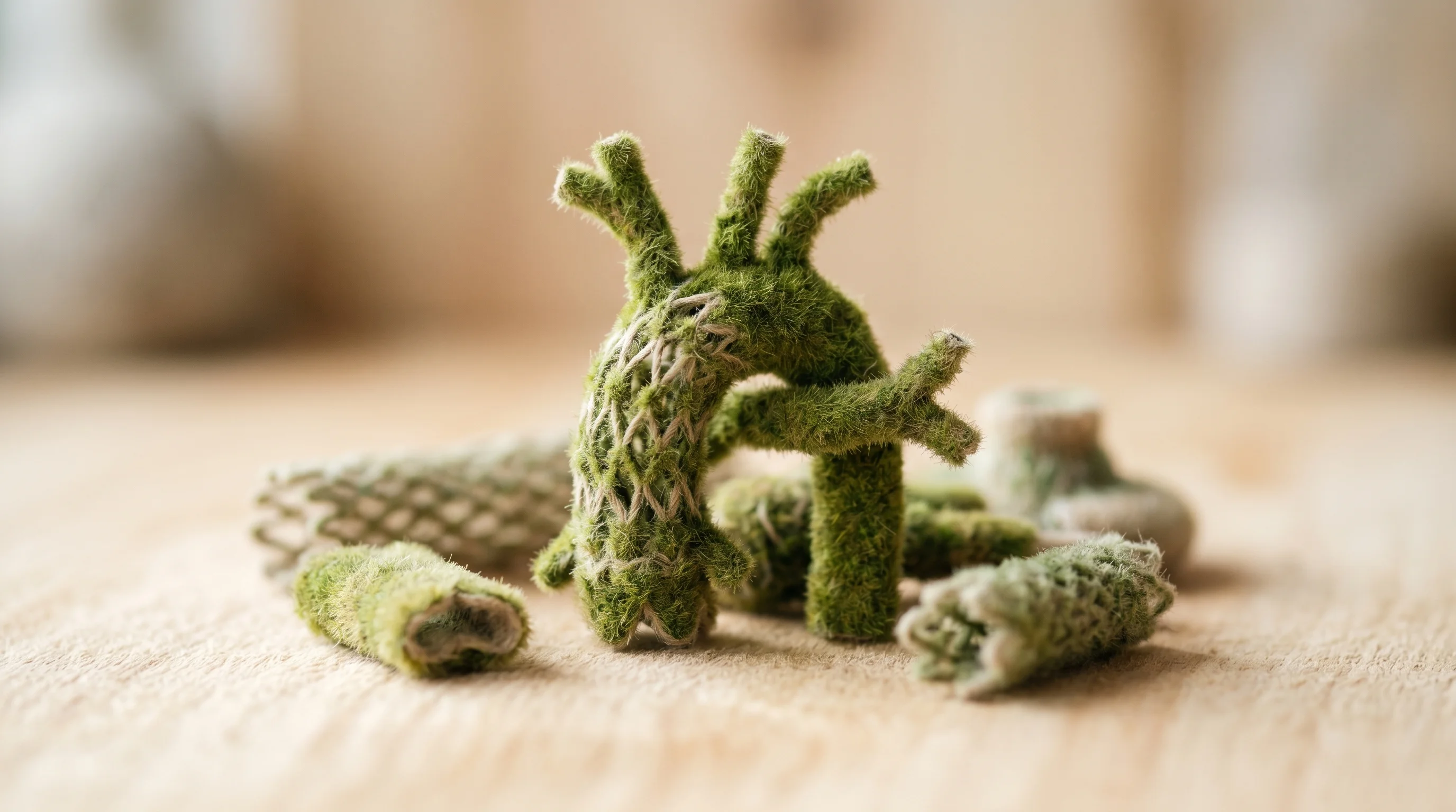 Digital illustration for article section "A Crowded, Lucrative Space" in "Veritas Aortic Raises $12M Seed for Aortic Disease Device" - A conceptual macro photography shot of a meticulously crafted miniature aortic arch stent graft serv...