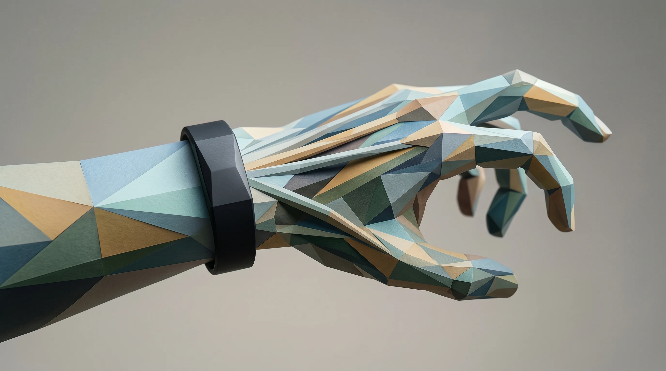 Digital illustration for article section "Tendons Instead of Electrons" in "Fether Labs Raises €1.15M for Gesture-Control Wristband Tech" - A close-up, minimalist, and conceptual depiction of a sleek, modern wristband on a stylized, anonymo...
