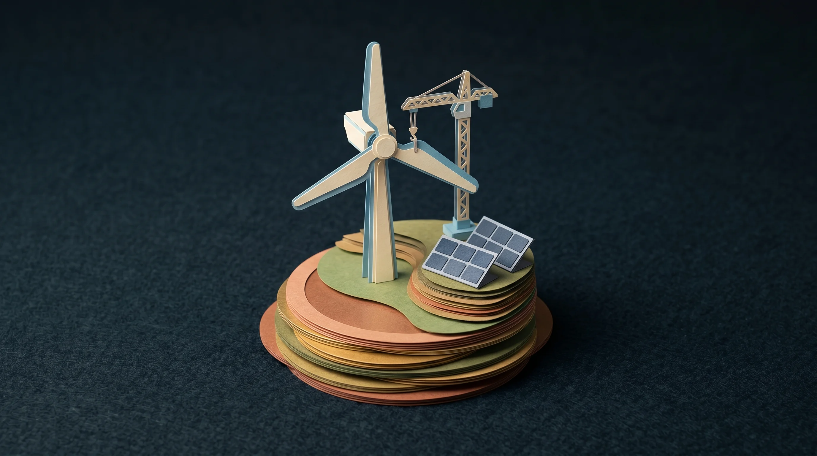 Digital illustration for article section "Building, Selling, Building Again" in "Feldwerke Secures €12M Credit Line for 100 MW Agri-Solar Pipeline" - A conceptual, miniature 3D papercraft diorama illustrating the continuous cycle of building and sell...