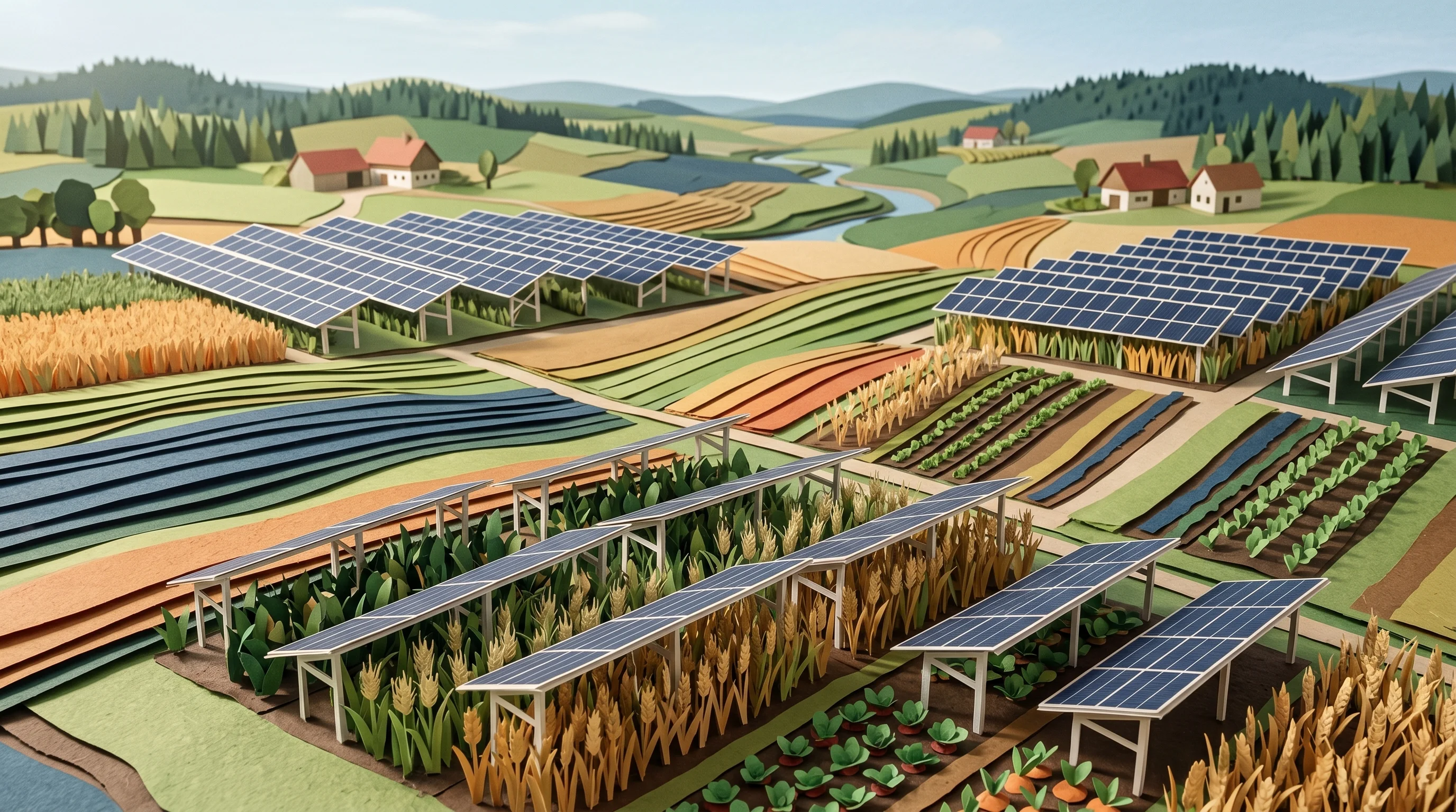 Digital illustration for article section "A Bavarian Flagship" in "Feldwerke Secures €12M Credit Line for 100 MW Agri-Solar Pipeline" - A conceptual, modern representation of a sprawling agri-PV plant set in a rolling Bavarian landscape...