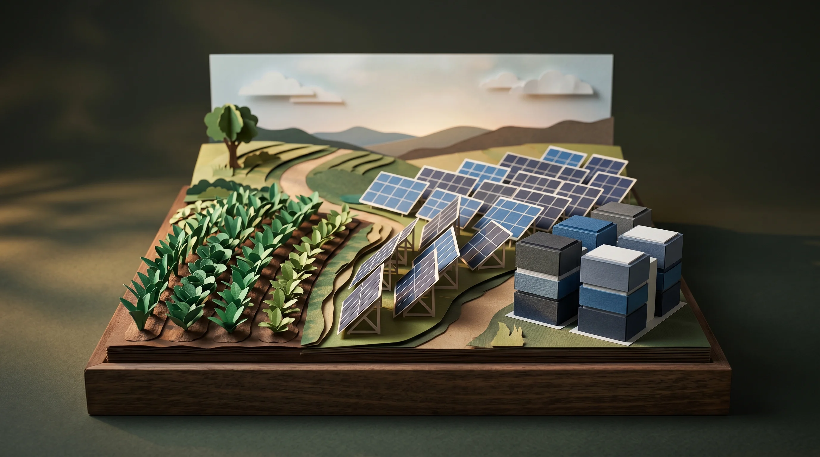 Digital illustration for article section "Scaling Without Selling" in "Feldwerke Secures €12M Credit Line for 100 MW Agri-Solar Pipeline" - A conceptual, highly textured 3D papercraft diorama representing agricultural solar energy scaling a...