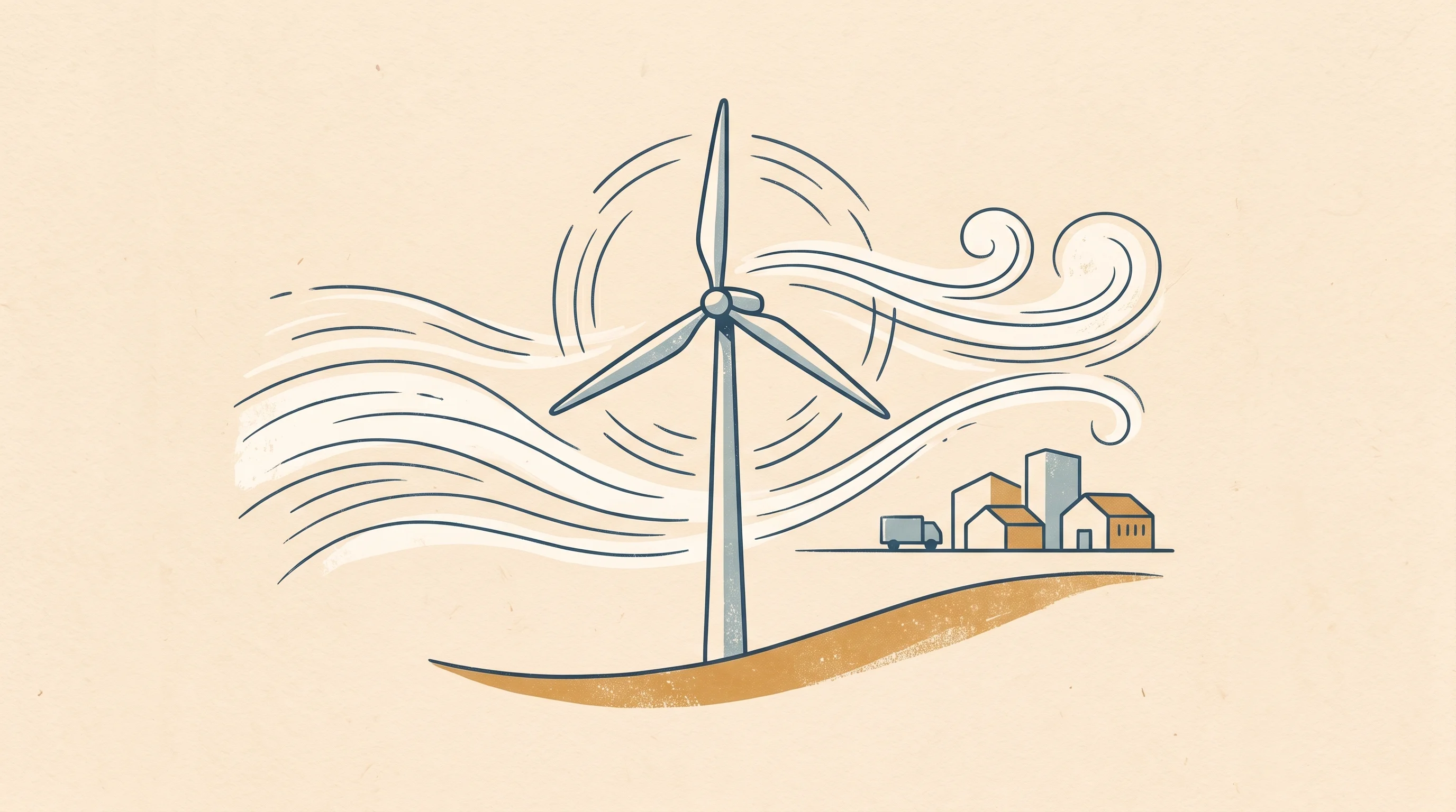 Digital illustration for article section "Regulatory Winds, Finally Favorable" in "encosa Raises €25M Seed to Bring Battery Storage to Europe's SMEs" - A conceptual, hand-drawn illustration of a single, elegant wind turbine gently turning in a stylized...