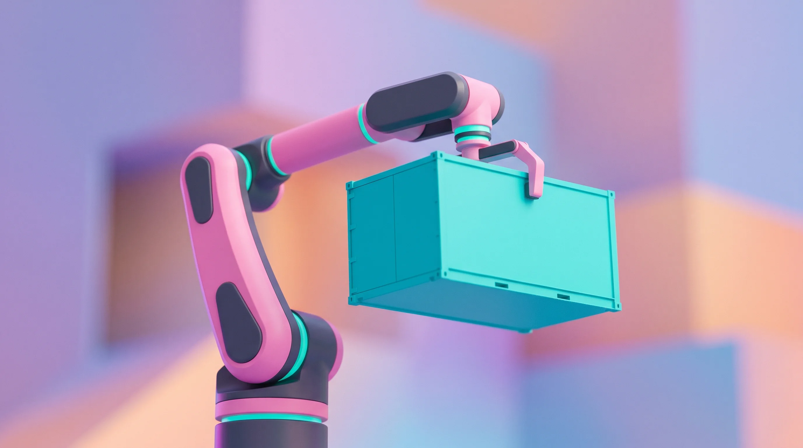 Digital illustration for article section "Content Section 4" in "Fuchsia Launches AI Platform to Speed Hardware Certification" - A sleek, minimalist robotic arm gracefully lifting a perfectly smooth, geometric shipping container,...
