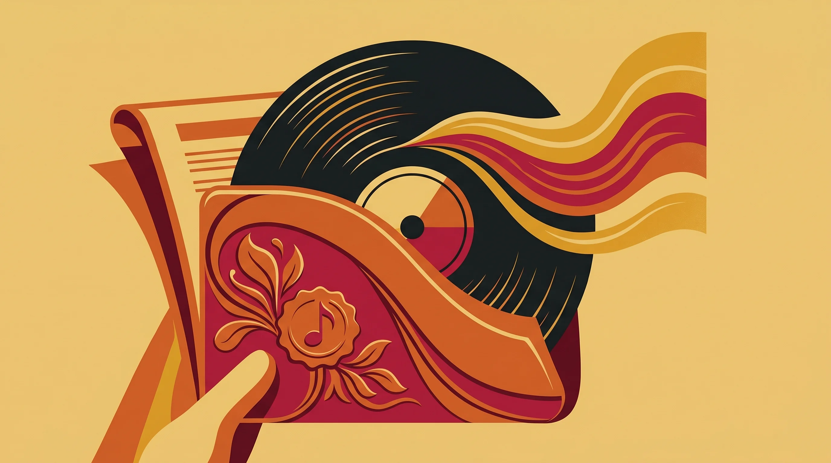 Digital illustration for article section "The Licensing Gambit" in "Wondera Launches AI Music Platform After 552K GPU Hours of Training" - A conceptual, minimalist illustration of a single stylized vinyl record partially emerging from an e...