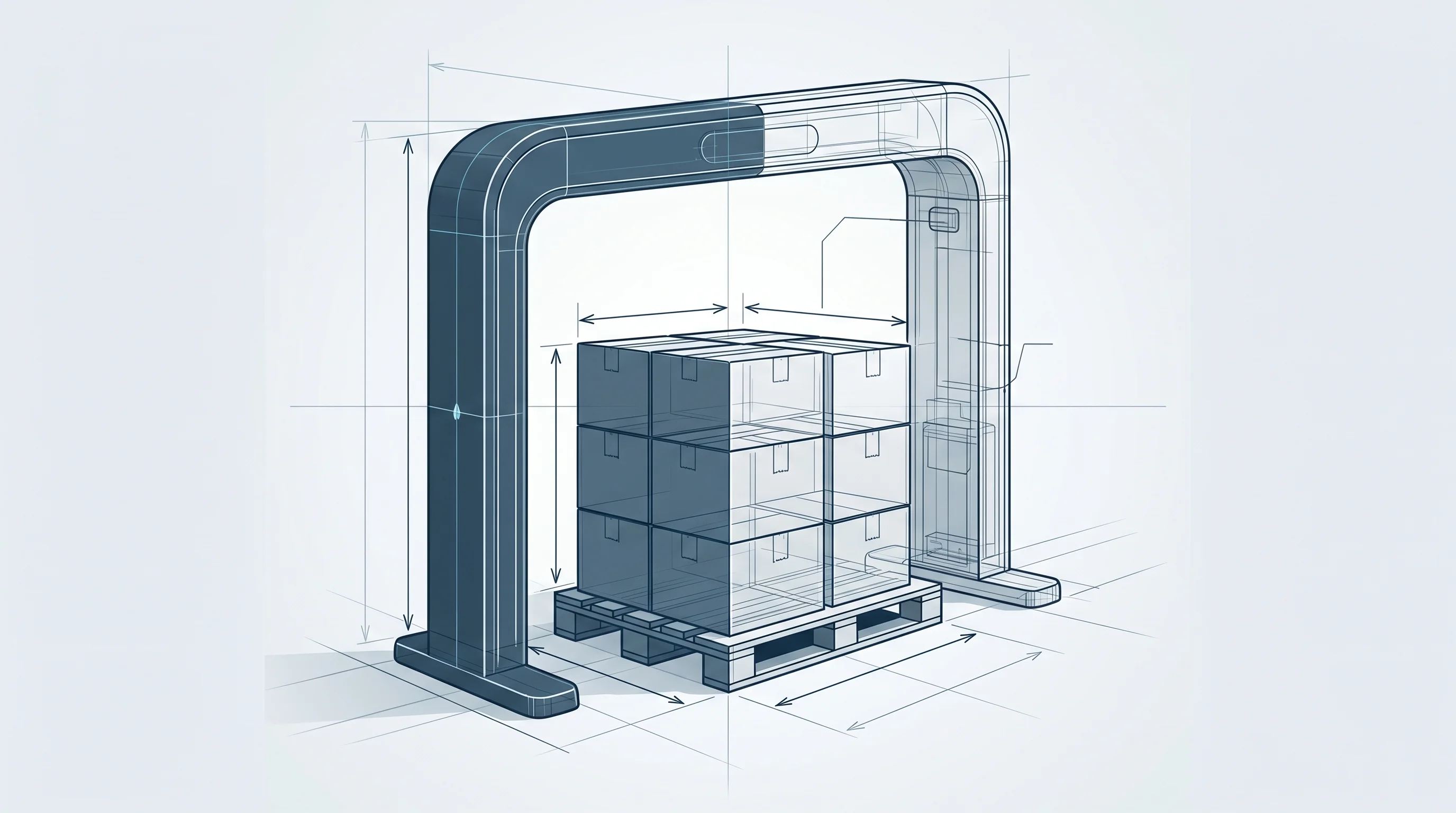 Digital illustration for article section "The Hardware They're Trying to Replace" in "YC-Backed Transload Turns Security Cameras Into Freight Dimensioners" - A minimalist, conceptual illustration of a traditional industrial freight measurement station, featu...