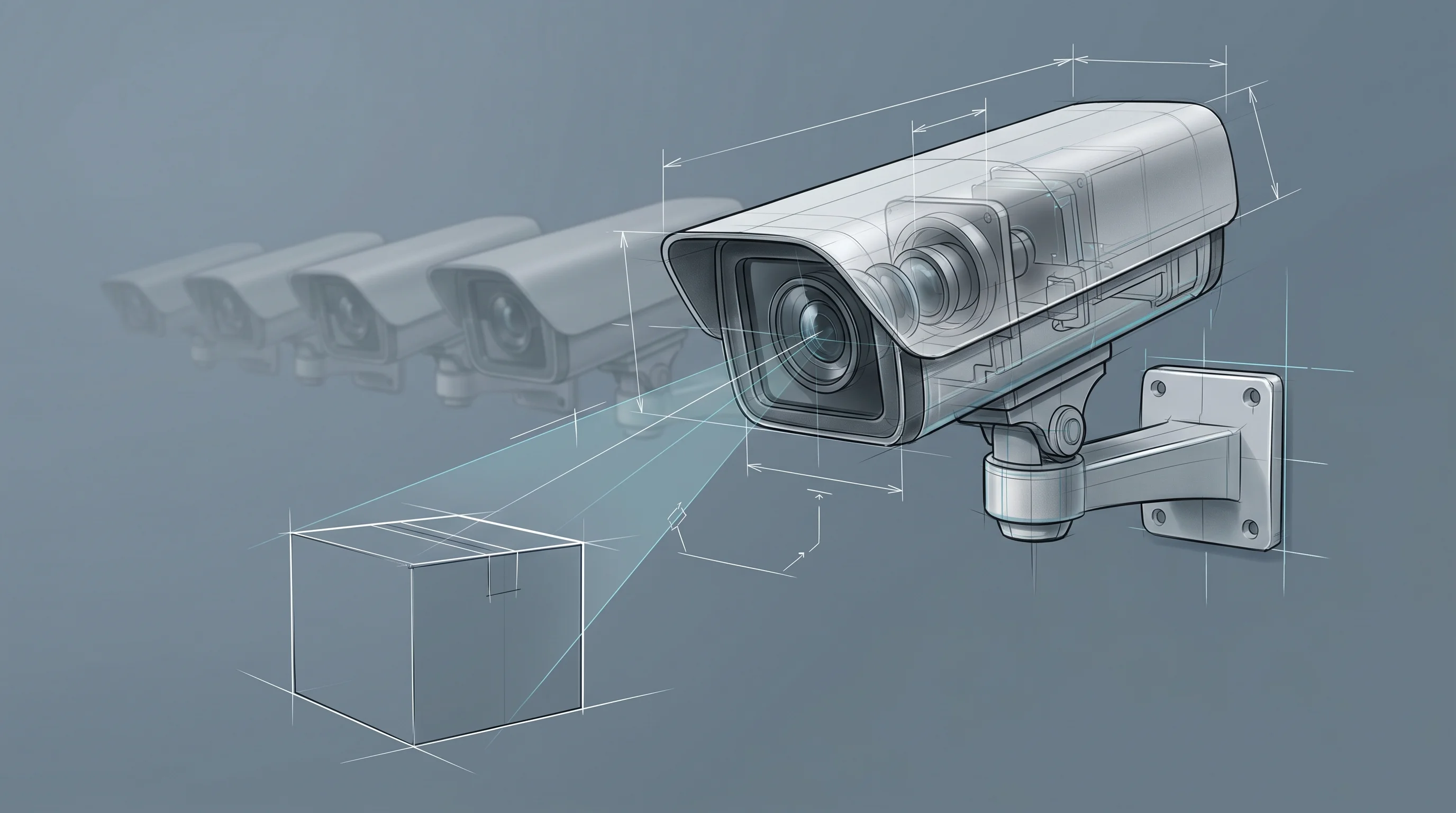 Digital illustration for article section "A Market Getting Crowded Fast" in "YC-Backed Transload Turns Security Cameras Into Freight Dimensioners" - A conceptual industrial design sketch of a modern warehouse security camera scanning a simple, isola...