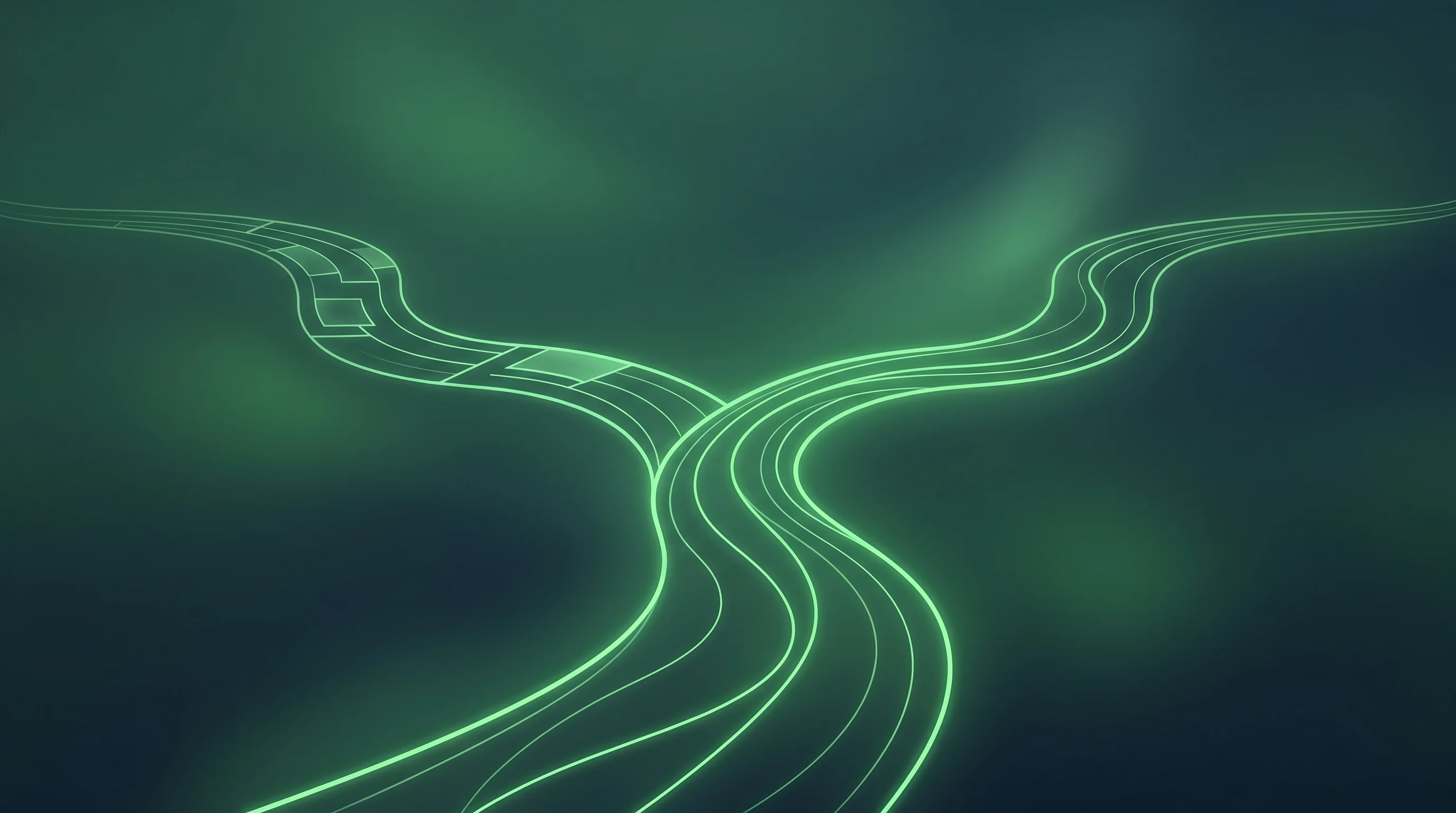 Digital illustration for article section "Two Paths Forward" in "ReasonBlocks Runtime Cuts AI Agent Costs 52%, Boosts Accuracy 42%" - A clean, minimalist conceptual artwork representing a bifurcating market, featuring an elegant, flow...