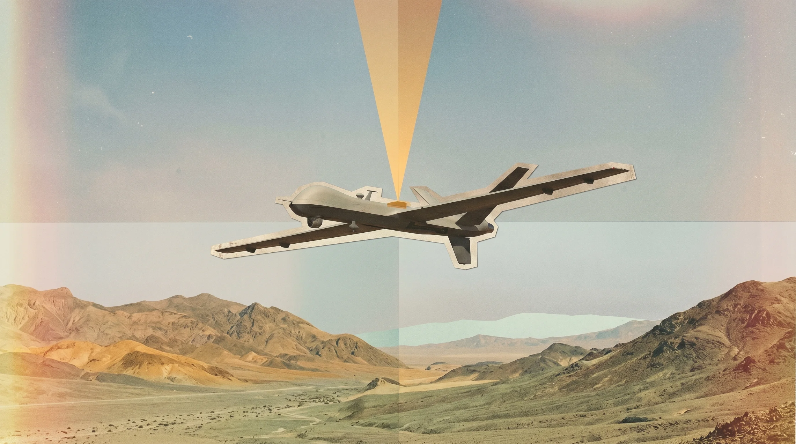 Digital illustration for article section "Where the Technology Finds Traction" in "Laser Power Beaming Comes of Age: 24-Hour Robot Demo Signals New Era" - A clean and minimalist conceptual image representing laser power beaming to a persistent surveillanc...